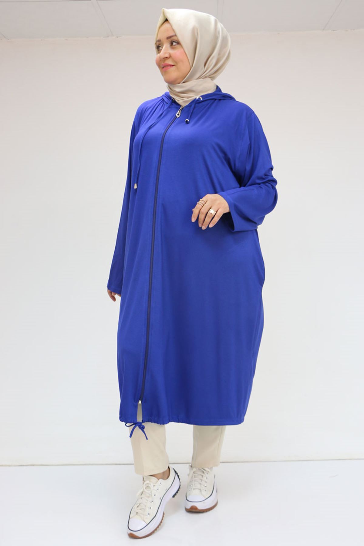 33008 Büyük Beden Fermuarlı Penye Kap - İndigo