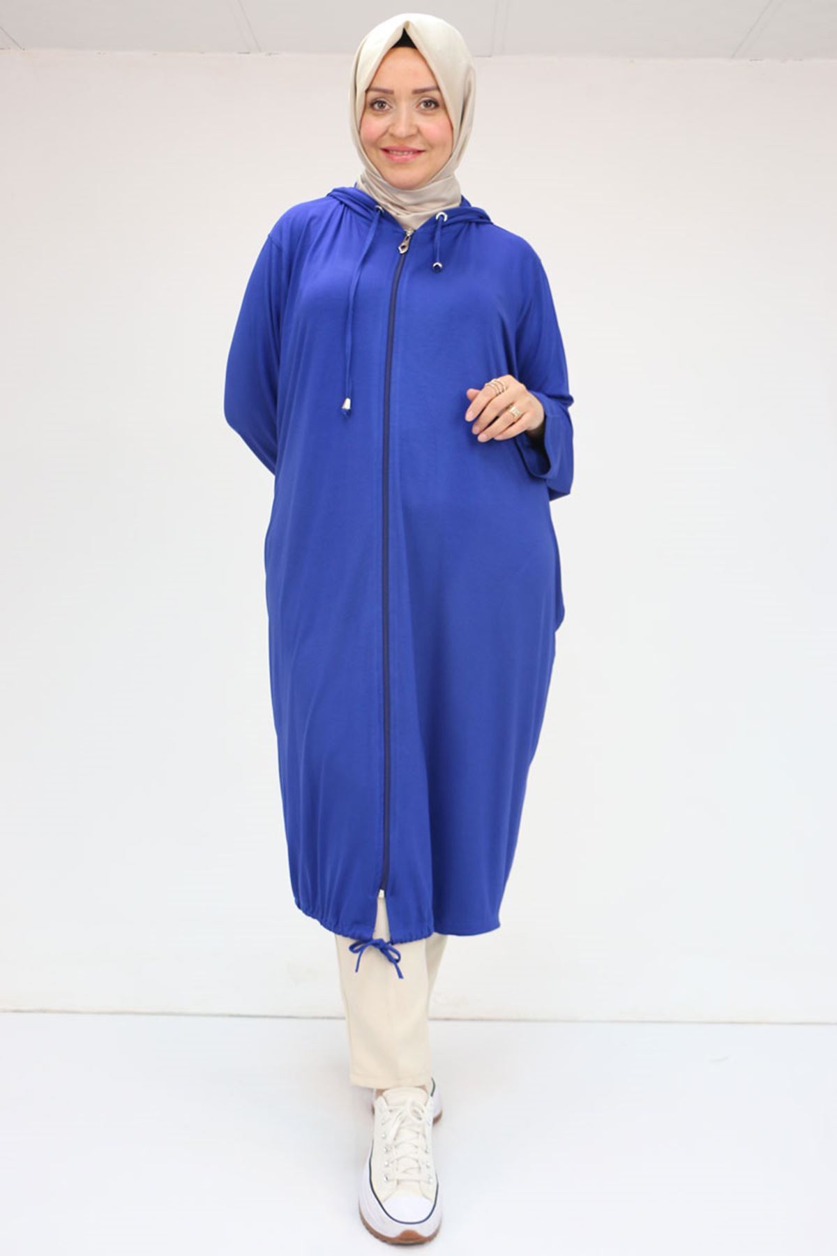 33008 Büyük Beden Fermuarlı Penye Kap - İndigo