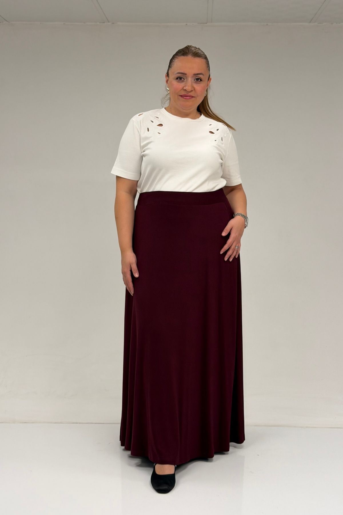 65001 Büyük Beden Basic Penye Etek - Bordo