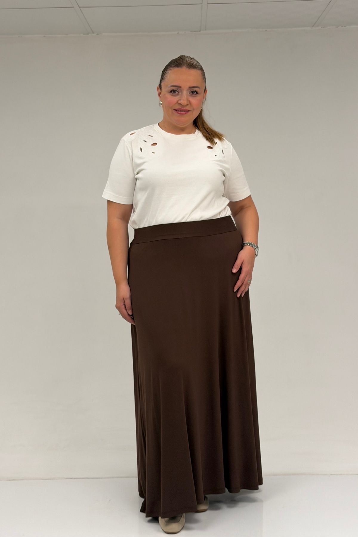 65001 Büyük Beden Basic Penye Etek - Kahve