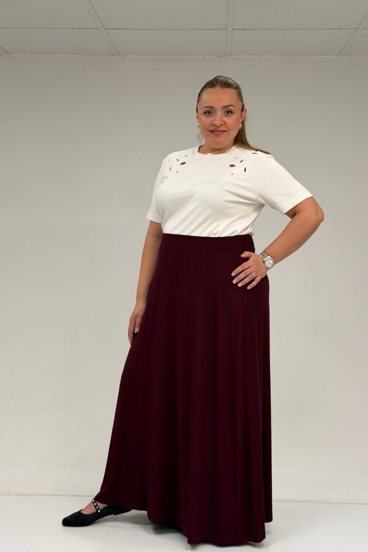 65001 Büyük Beden Basic Penye Etek - Bordo