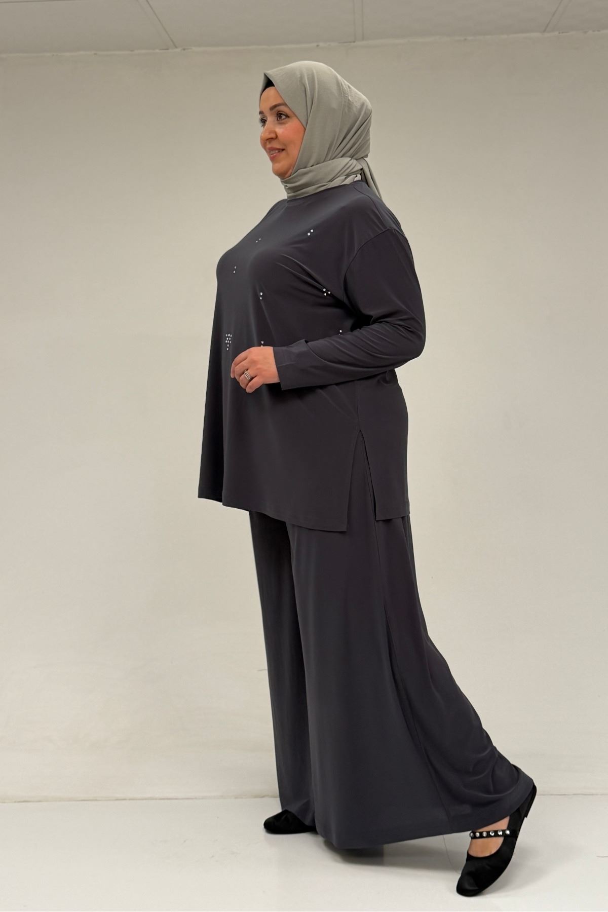 67030 Büyük Beden Yanı Yırtmaçlı Sandy Pantolonlu Takım - Antrasit