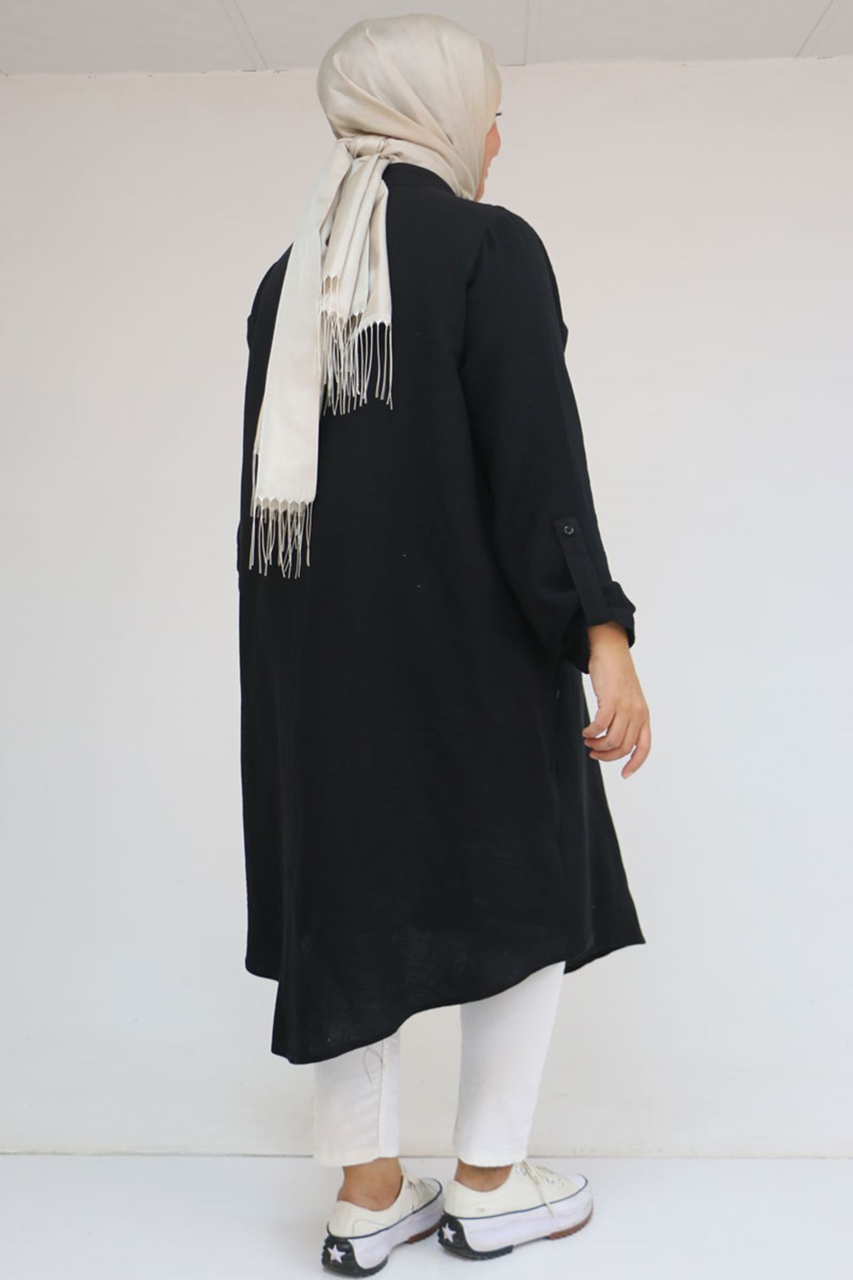 68013 Büyük Beden Tek Düğme Detaylı Müslin Gömlek - Siyah