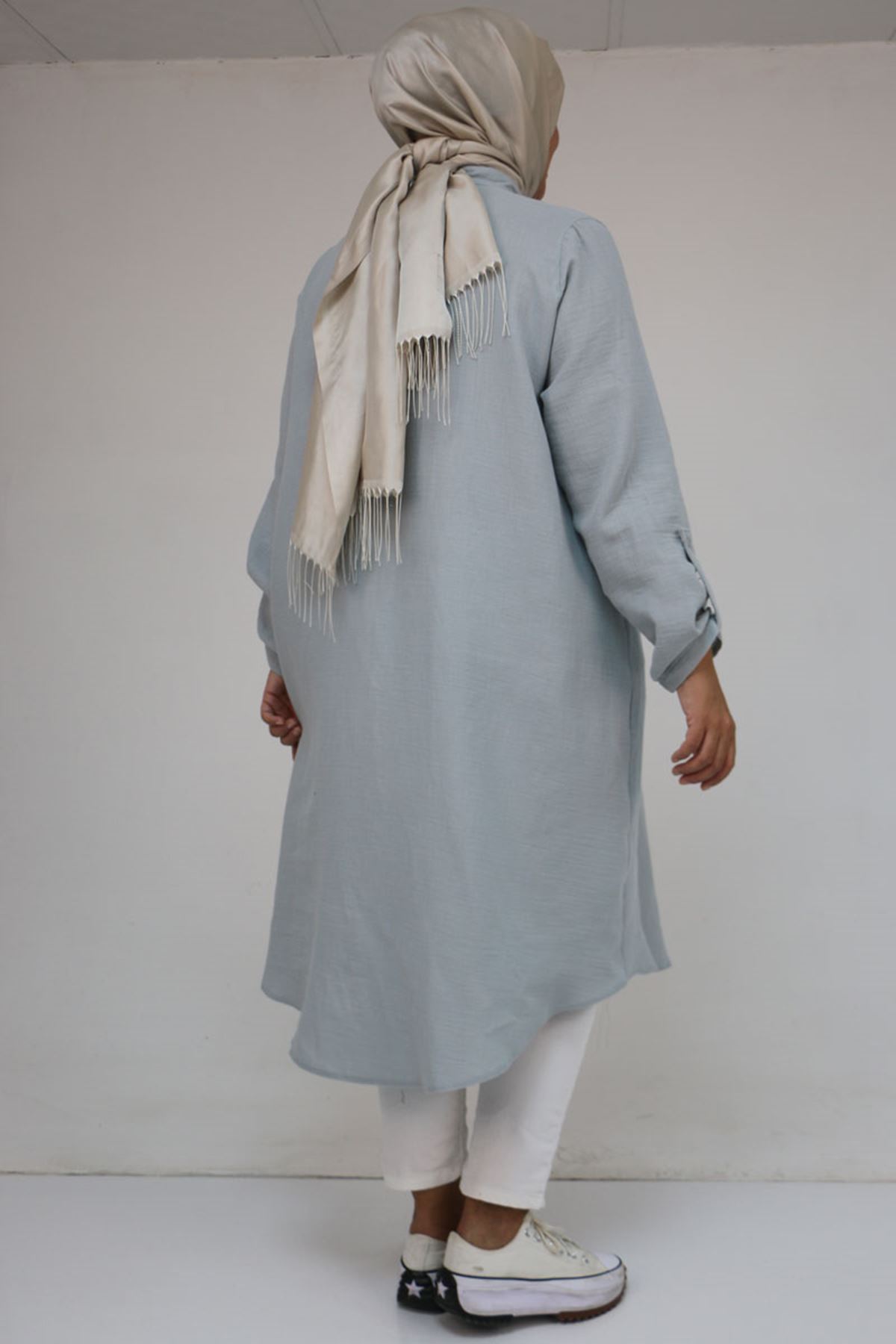 68013 Büyük Beden Tek Düğme Detaylı Müslin Gömlek - Gri