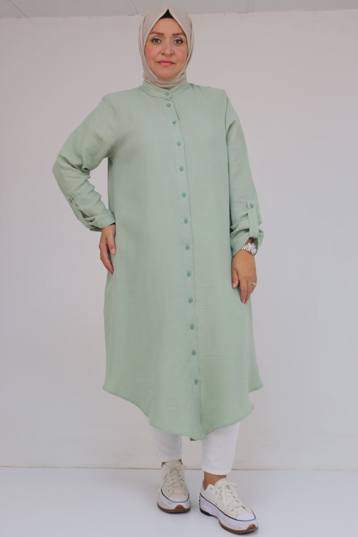 68013 Büyük Beden Tek Düğme Detaylı Müslin Gömlek - Nefti