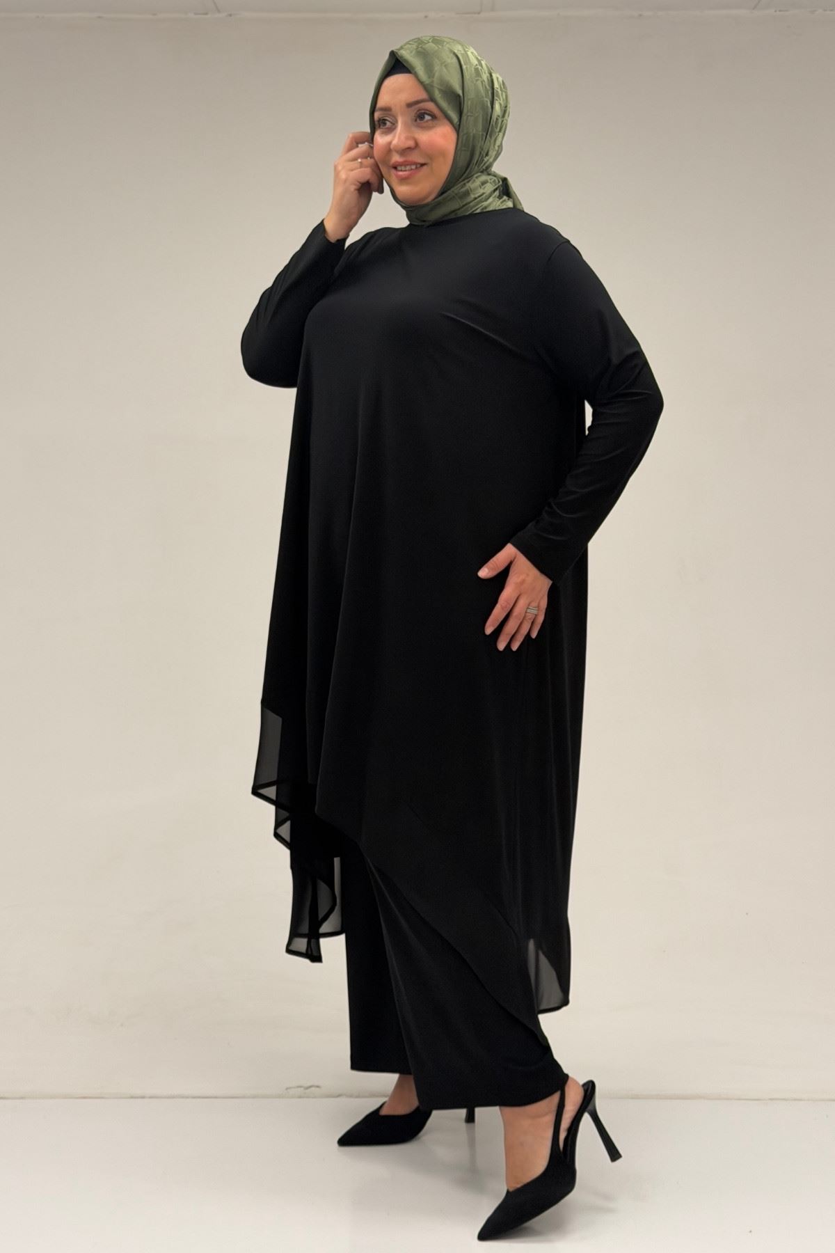 37017 Büyük Beden Sandy-Şifon Pantolonlu Takım - Siyah