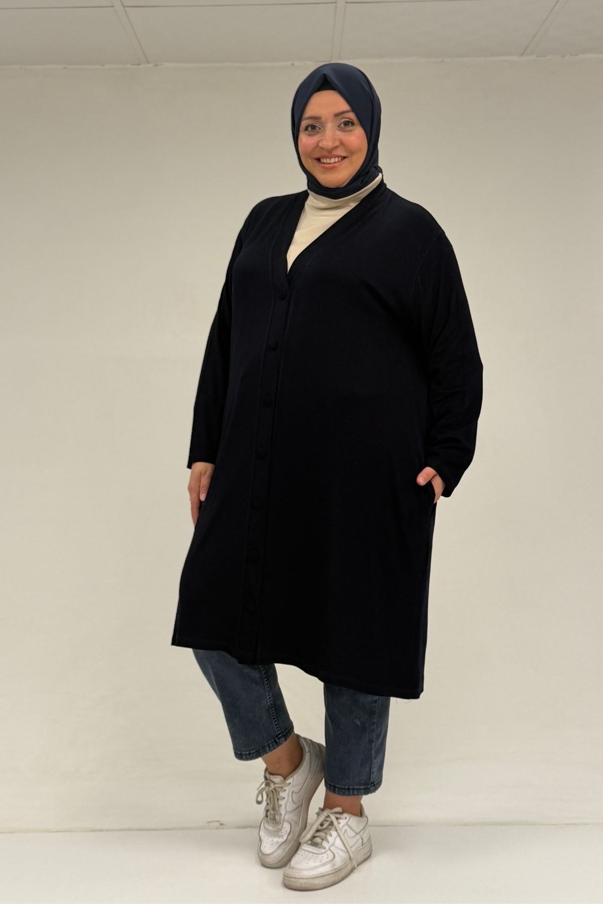 63005 Büyük Beden Kaplama Düğme Detaylı Penye Ceket - Lacivert