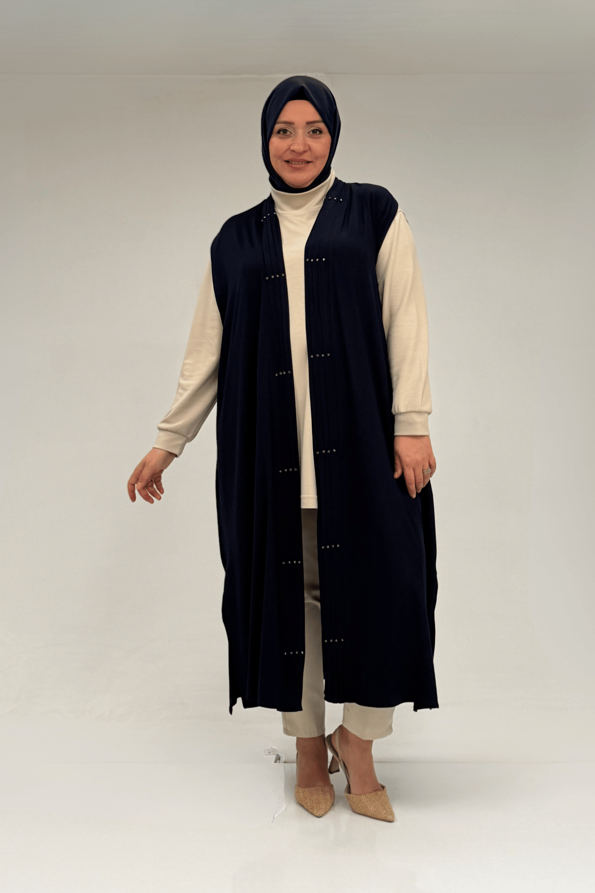 54005 Büyük Beden Patı Pileli Giy Çık Yelek - Lacivert