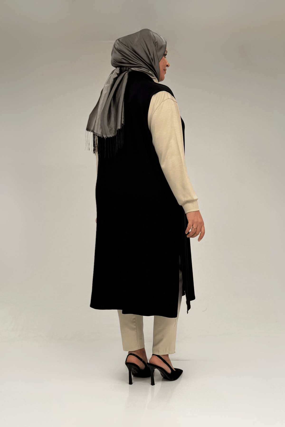 54005 Büyük Beden Patı Pileli Giy Çık Yelek - Siyah