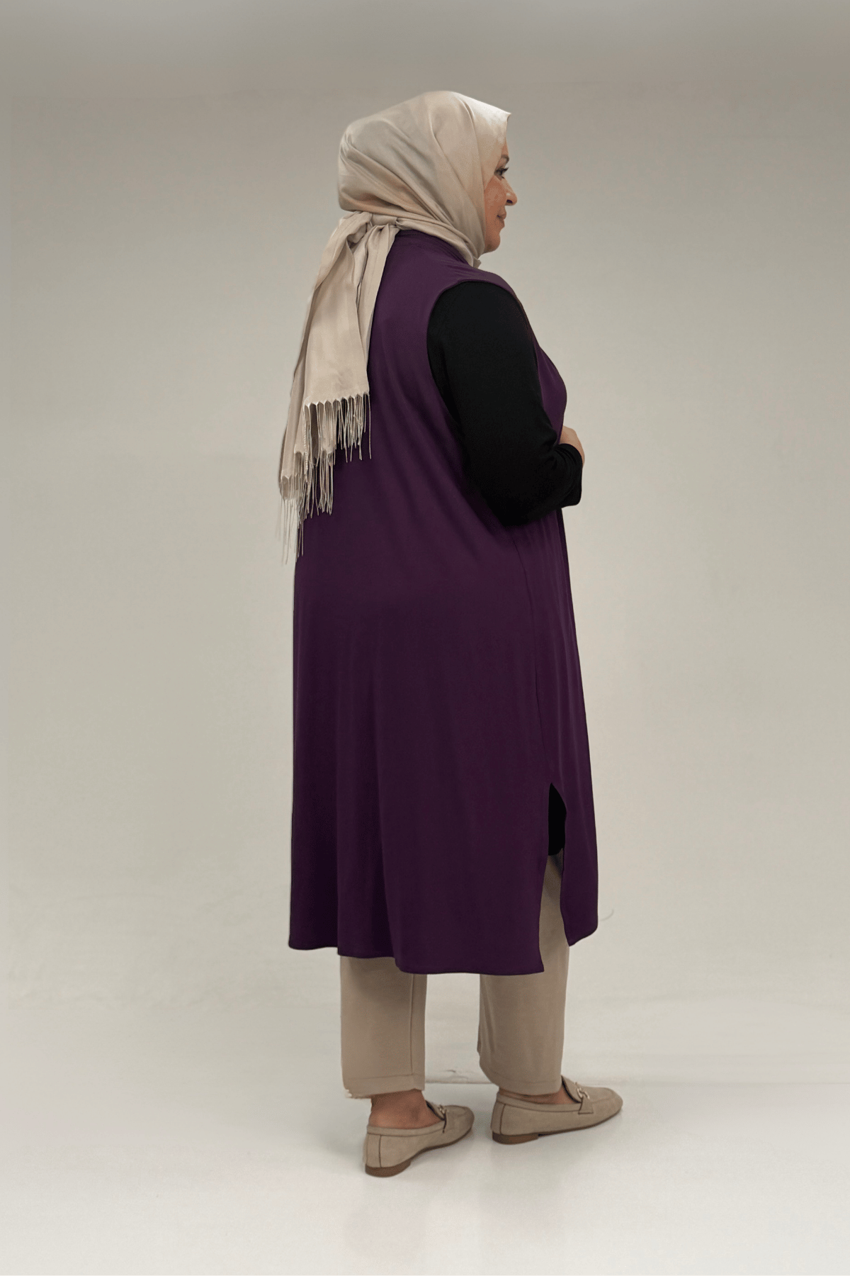 54005 Büyük Beden Patı Pileli Giy Çık Yelek - Mor