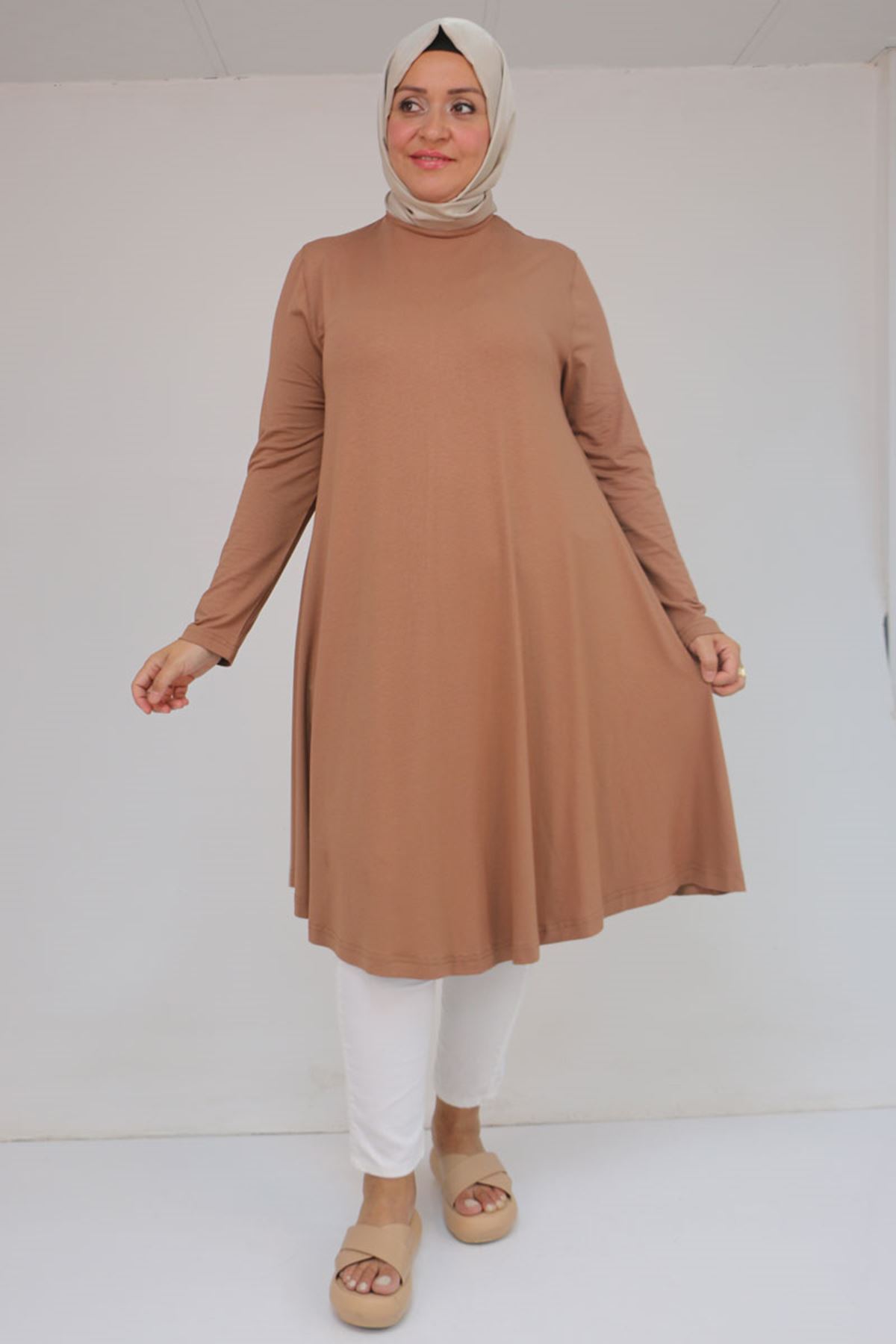 28016 Büyük Beden Mevlana Penye Tunik - Koyu Vizon