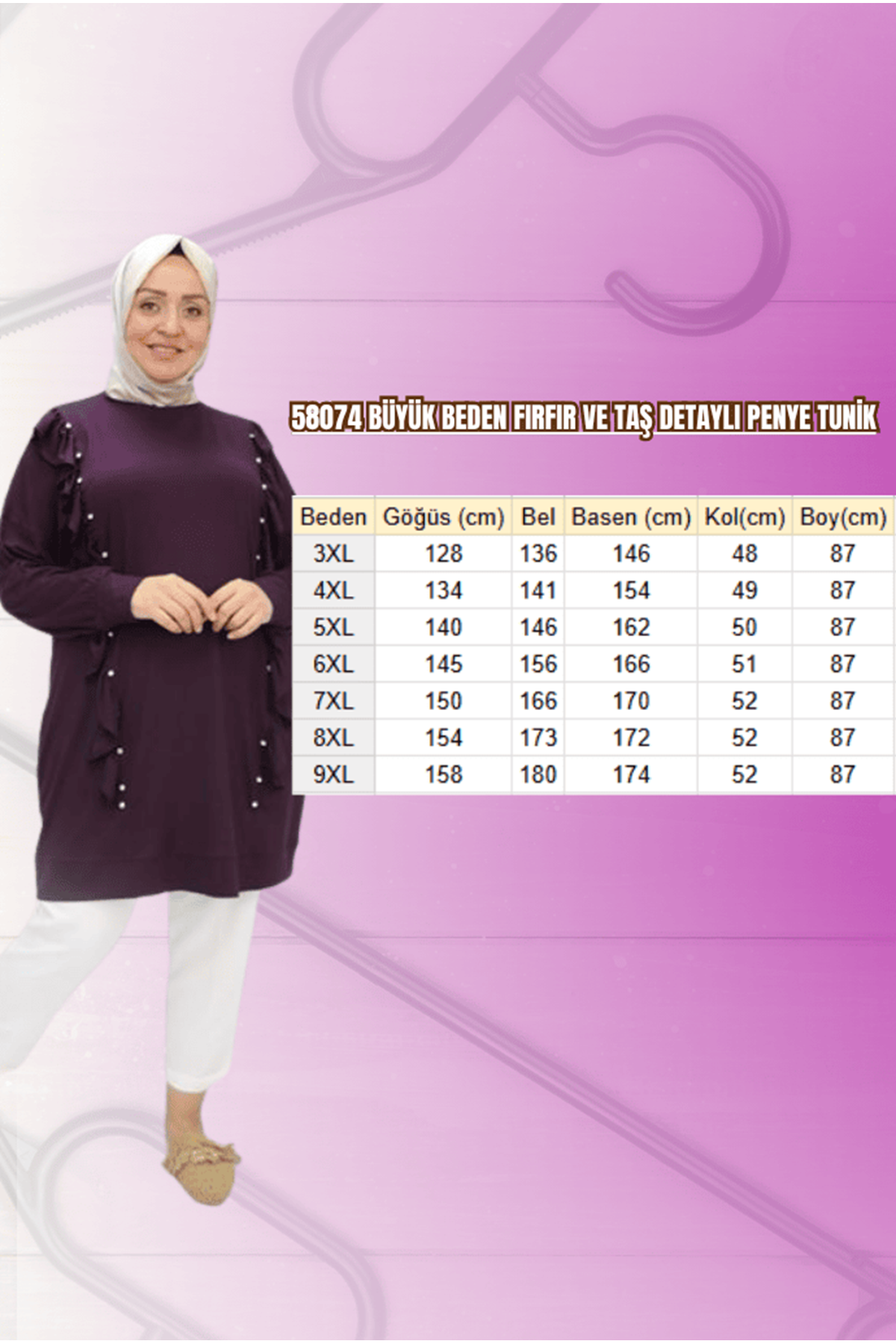 58074 Büyük Beden Fırfır Ve Taş Detaylı Penye Tunik - Haki