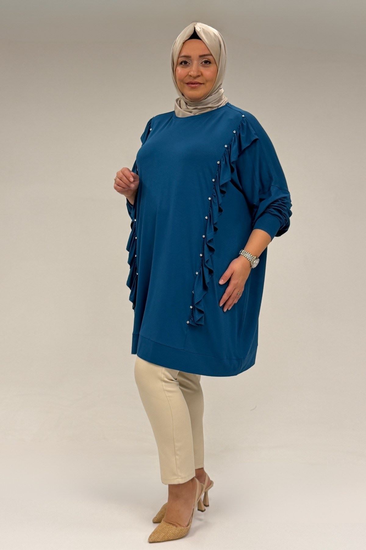 58074 Büyük Beden Fırfır Ve Taş Detaylı Penye Tunik - Petrol