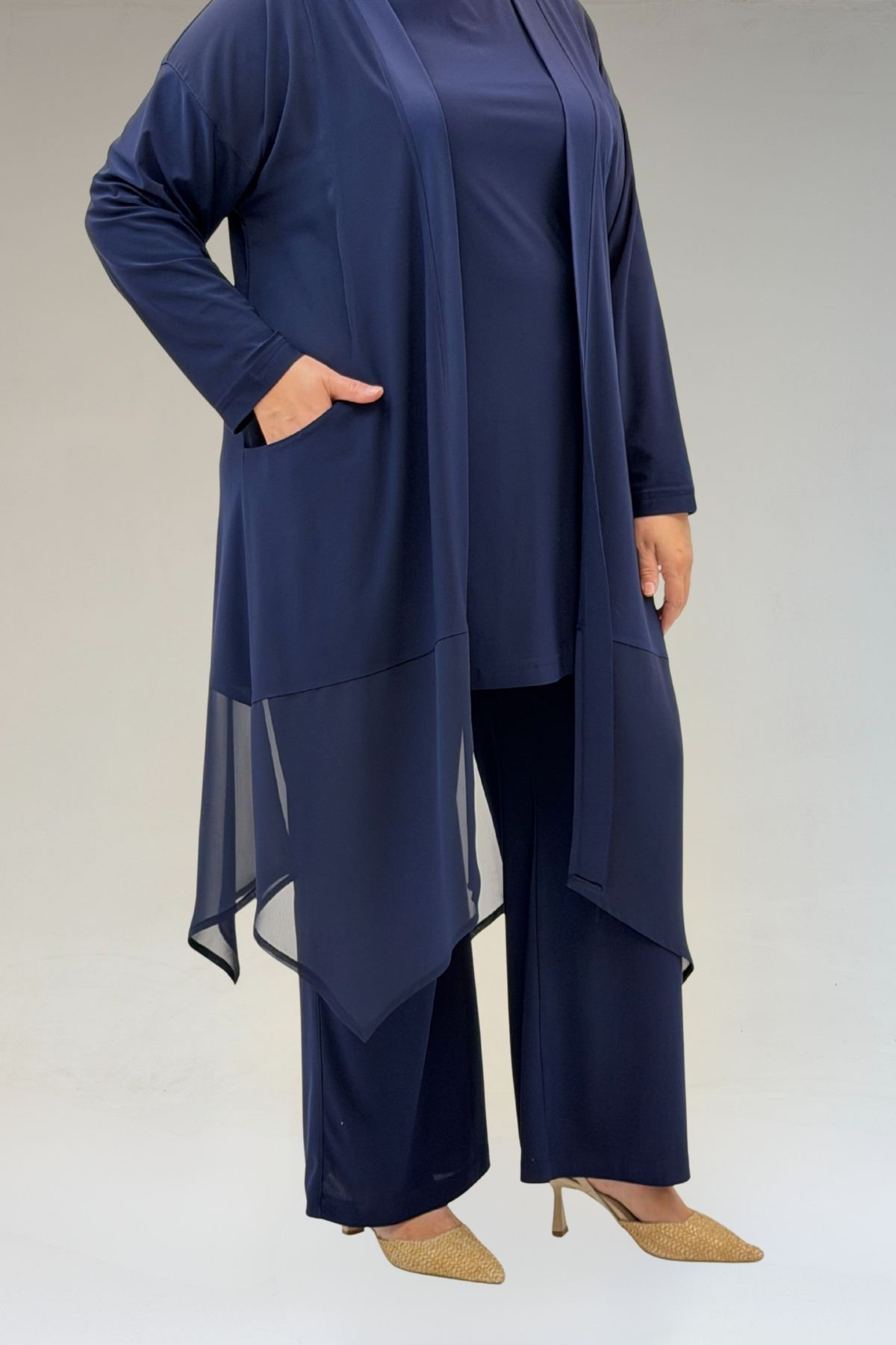 67302 Büyük Beden Üçlü Sandy - Şifon Pantolonlu Takım - Lacivert
