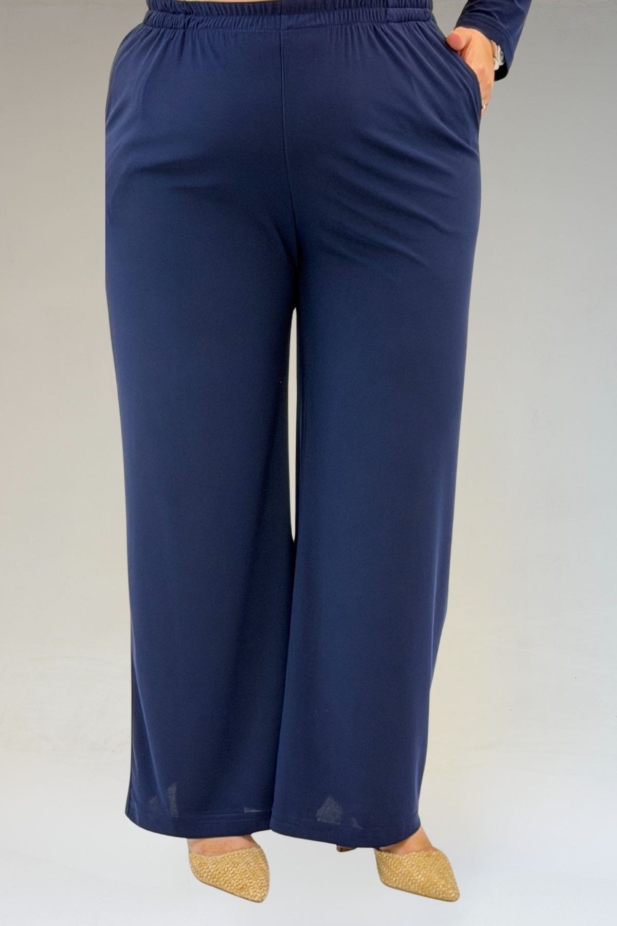 67302 Büyük Beden Üçlü Sandy - Şifon Pantolonlu Takım - Lacivert