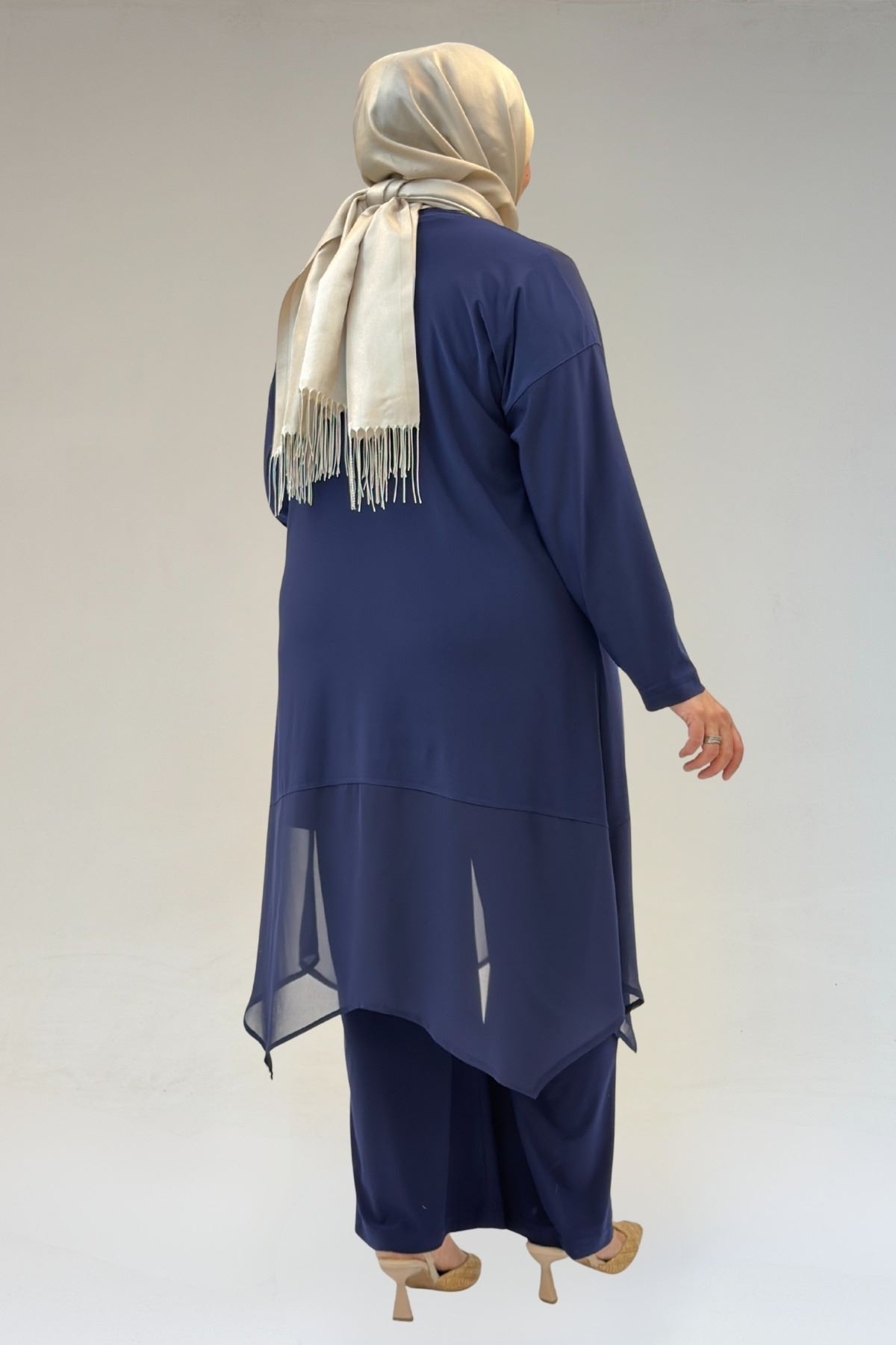 67302 Büyük Beden Üçlü Sandy - Şifon Pantolonlu Takım - Lacivert