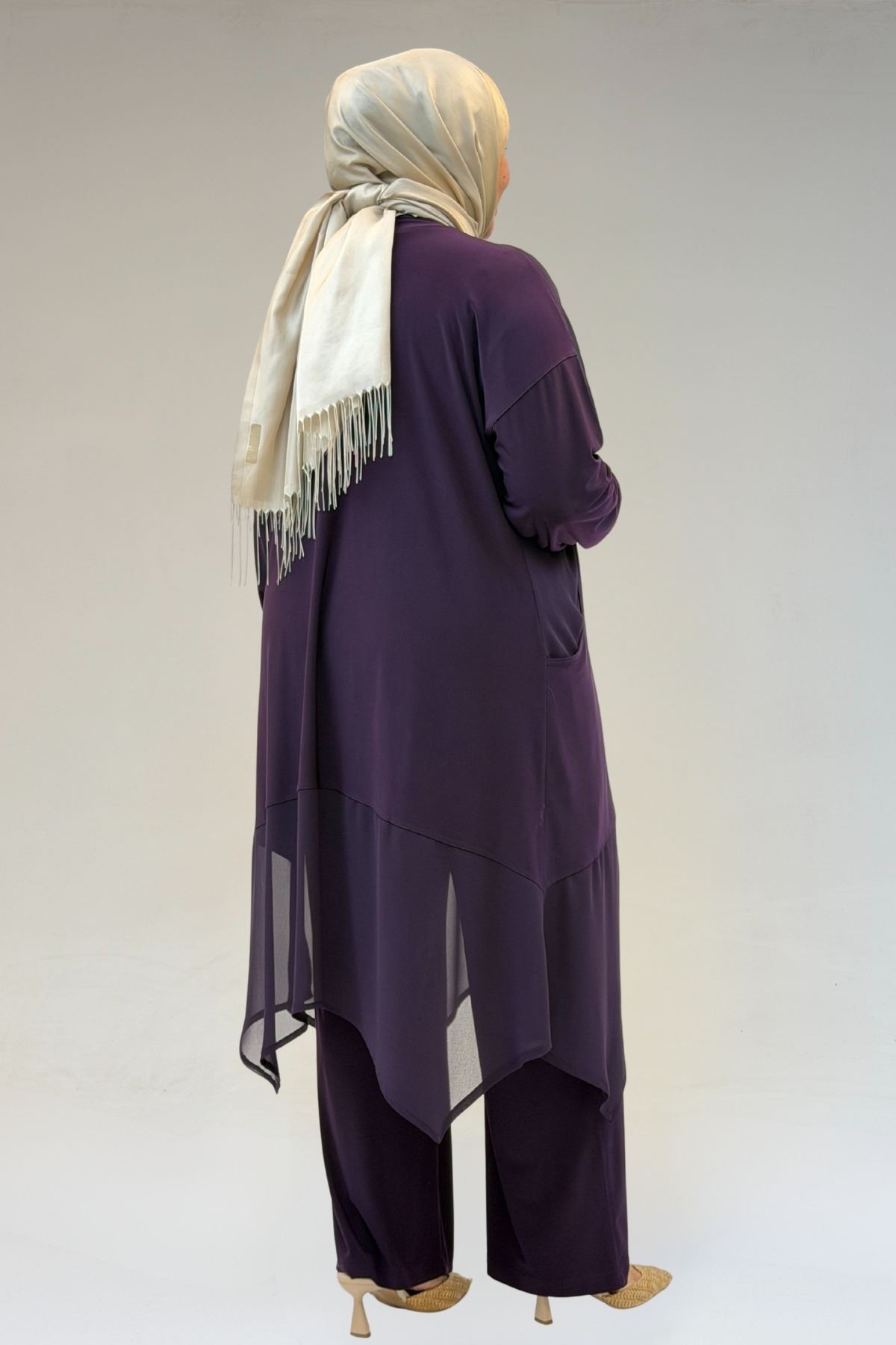 67302 Büyük Beden Üçlü Sandy - Şifon Pantolonlu Takım - Mor