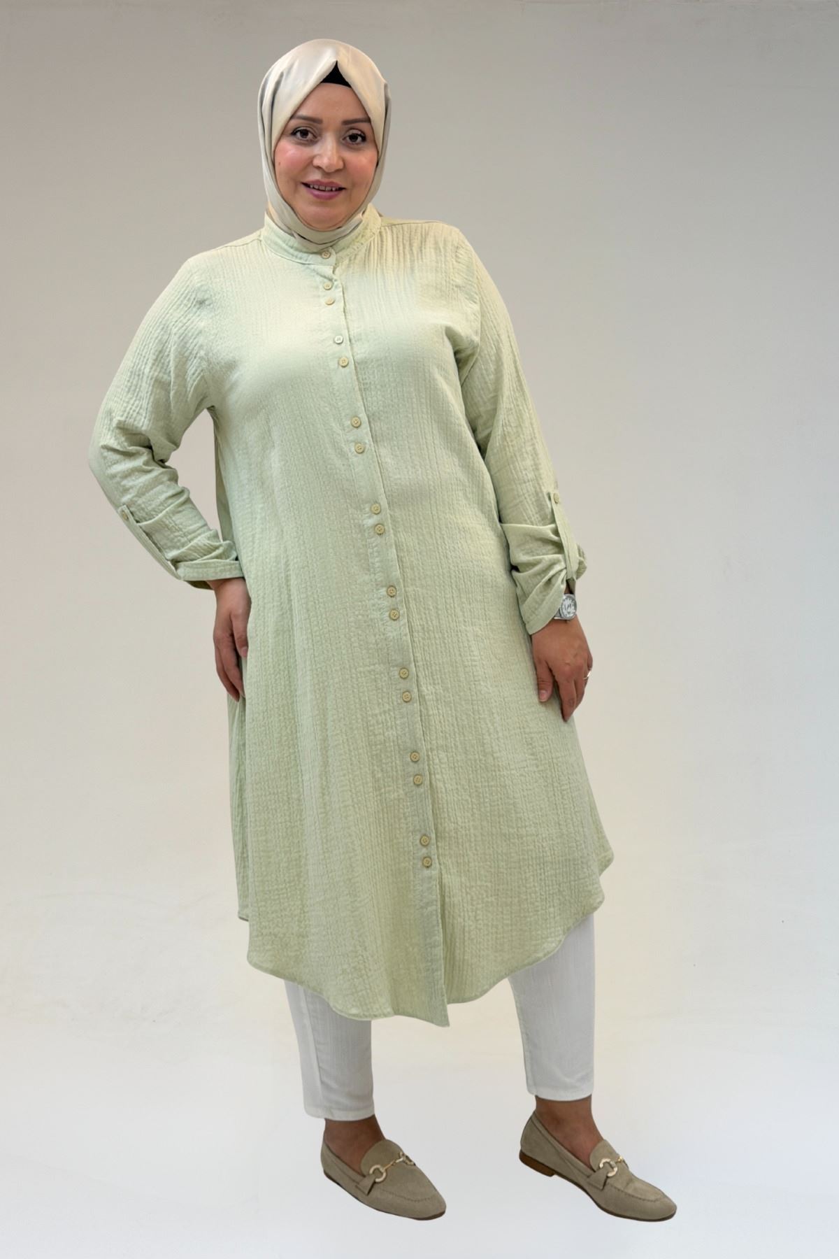 58092 Büyük Beden Çift Düğme Detaylı Müslin Gömlek - Su Yeşili