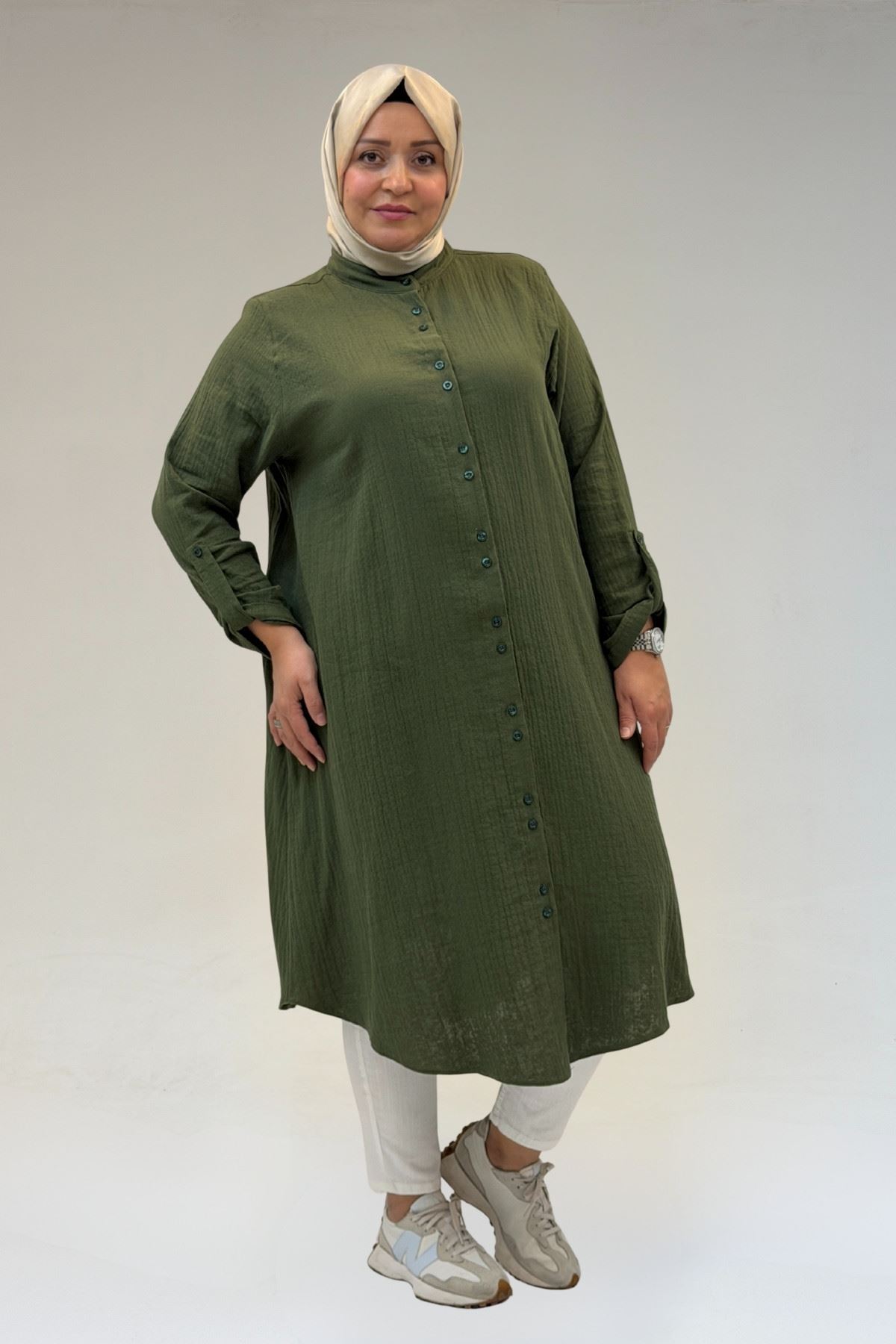 58092 Büyük Beden Çift Düğme Detaylı Müslin Gömlek - Haki