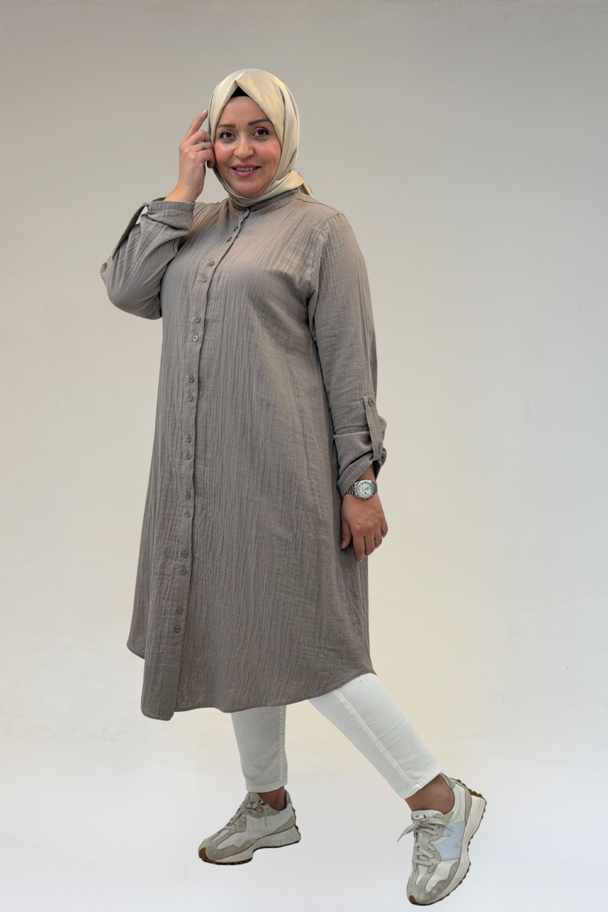 58092 Büyük Beden Çift Düğme Detaylı Müslin Gömlek - Vizon