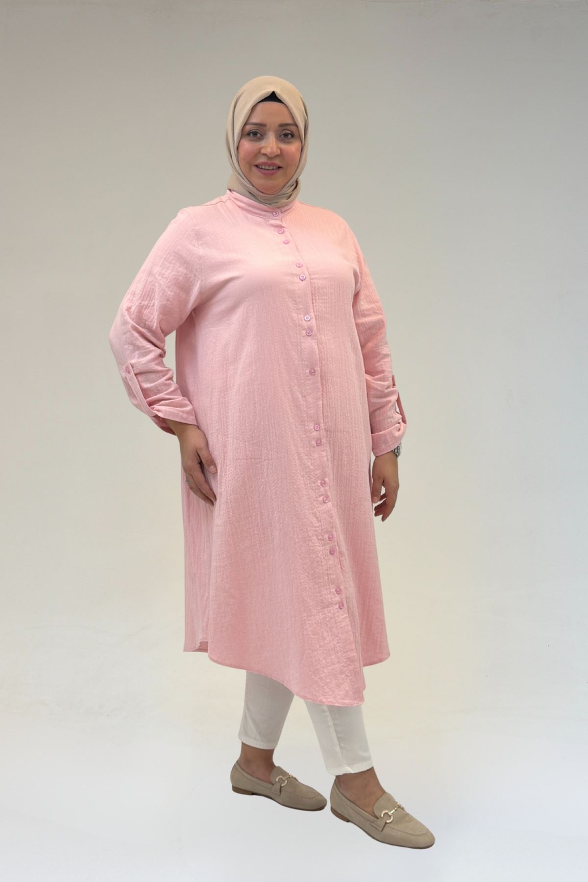 58092 Büyük Beden Çift Düğme Detaylı Müslin Gömlek - Şeker Pembesi