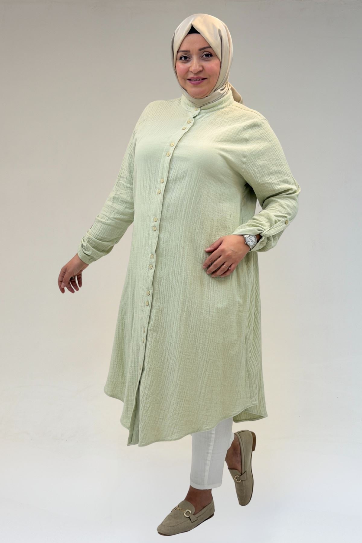 58092 Büyük Beden Çift Düğme Detaylı Müslin Gömlek - Su Yeşili