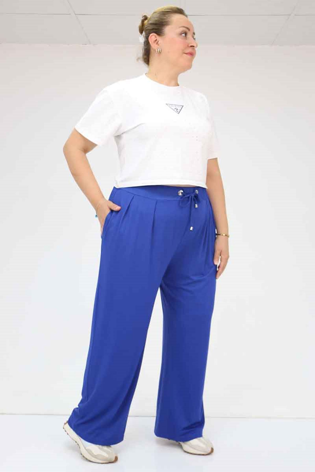 59002 Büyük Beden Pile Detaylı Penye Pantolon - İndigo