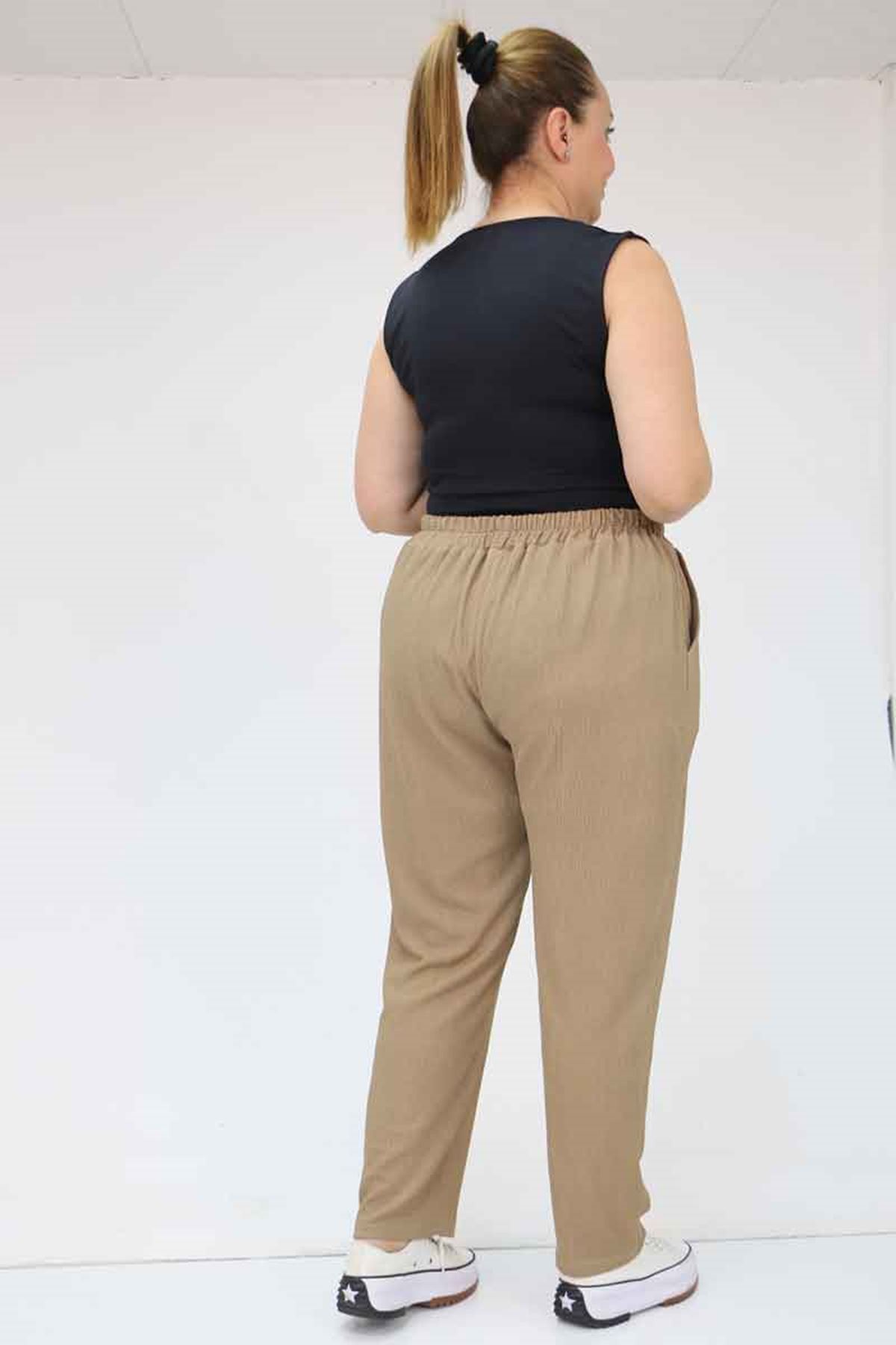 39011 Büyük Beden Bürümcük Dar Paça Pantolon - Vizon