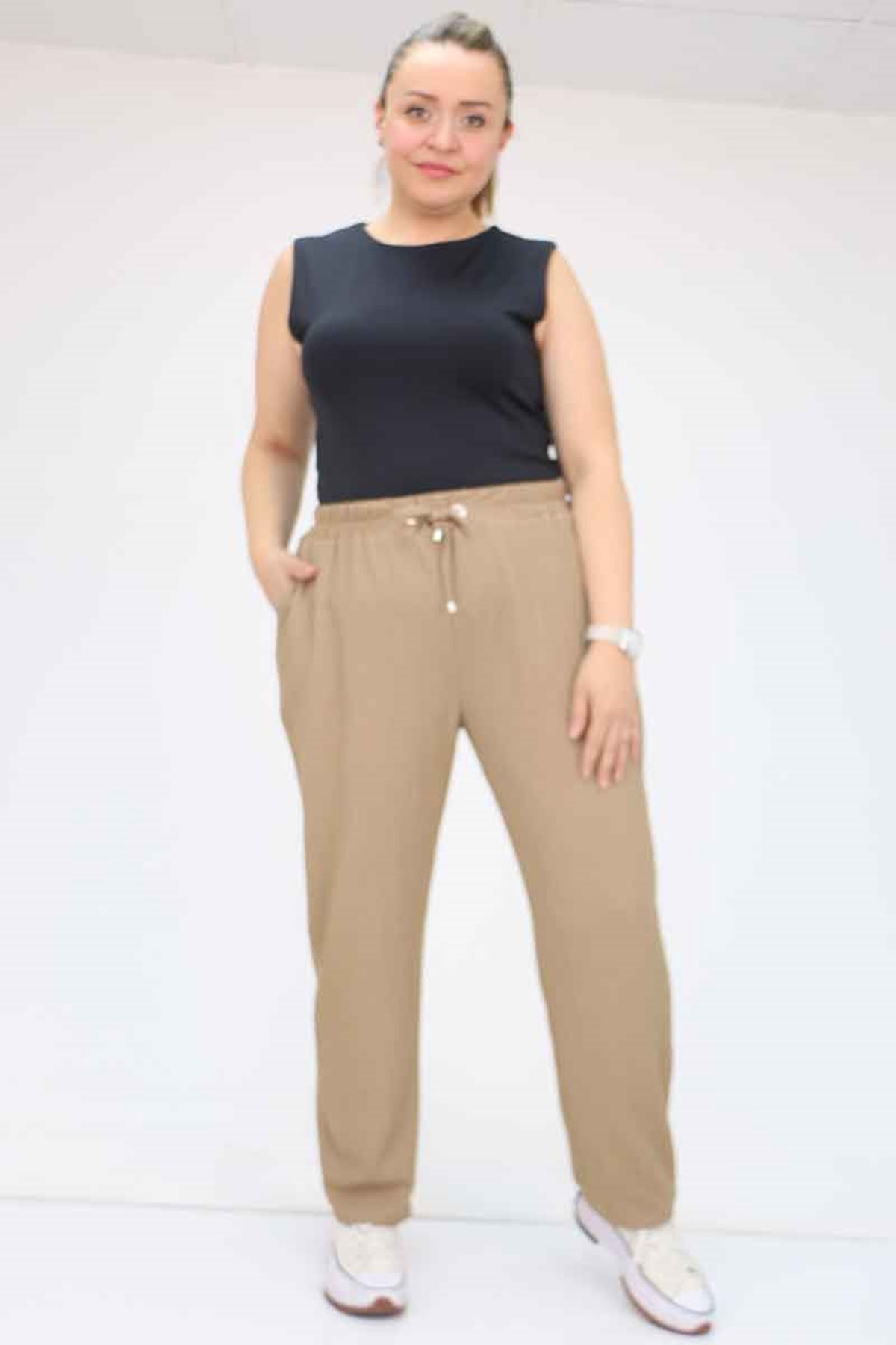 39011 Büyük Beden Bürümcük Dar Paça Pantolon - Vizon