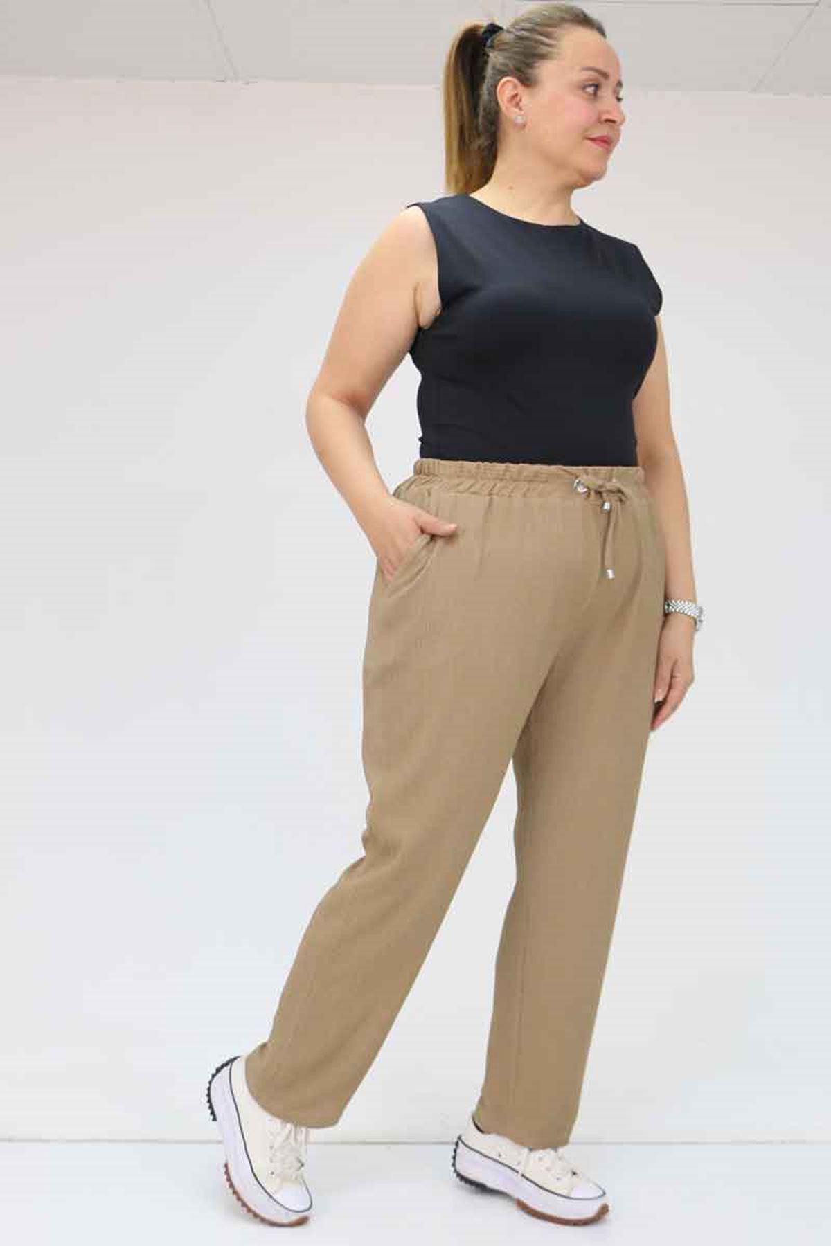 39011 Büyük Beden Bürümcük Dar Paça Pantolon - Vizon