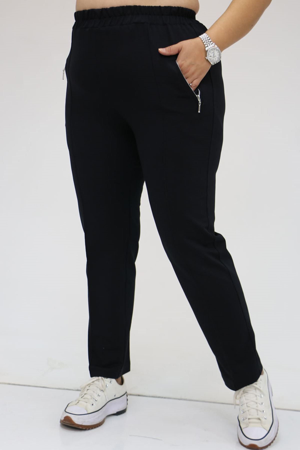 49514 Büyük Beden İki İplik Cepleri Fermuarlı Çimalı Eşofman Altı - Lacivert