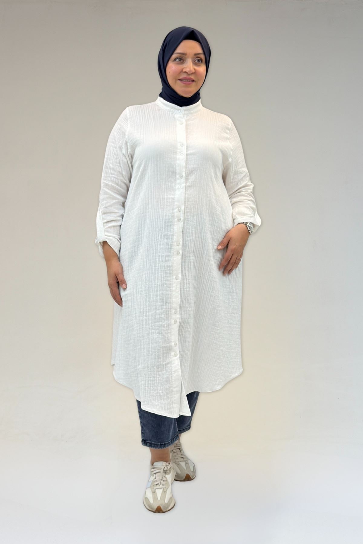 58092 Büyük Beden Çift Düğme Detaylı Müslin Gömlek - Ekru