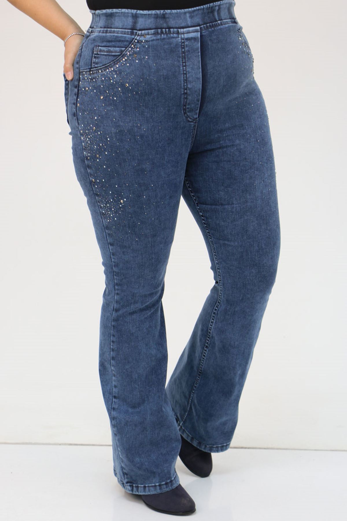 9202 Büyük Beden Beli Lastikli Taş Detaylı Kot Pantolon - Lacivert