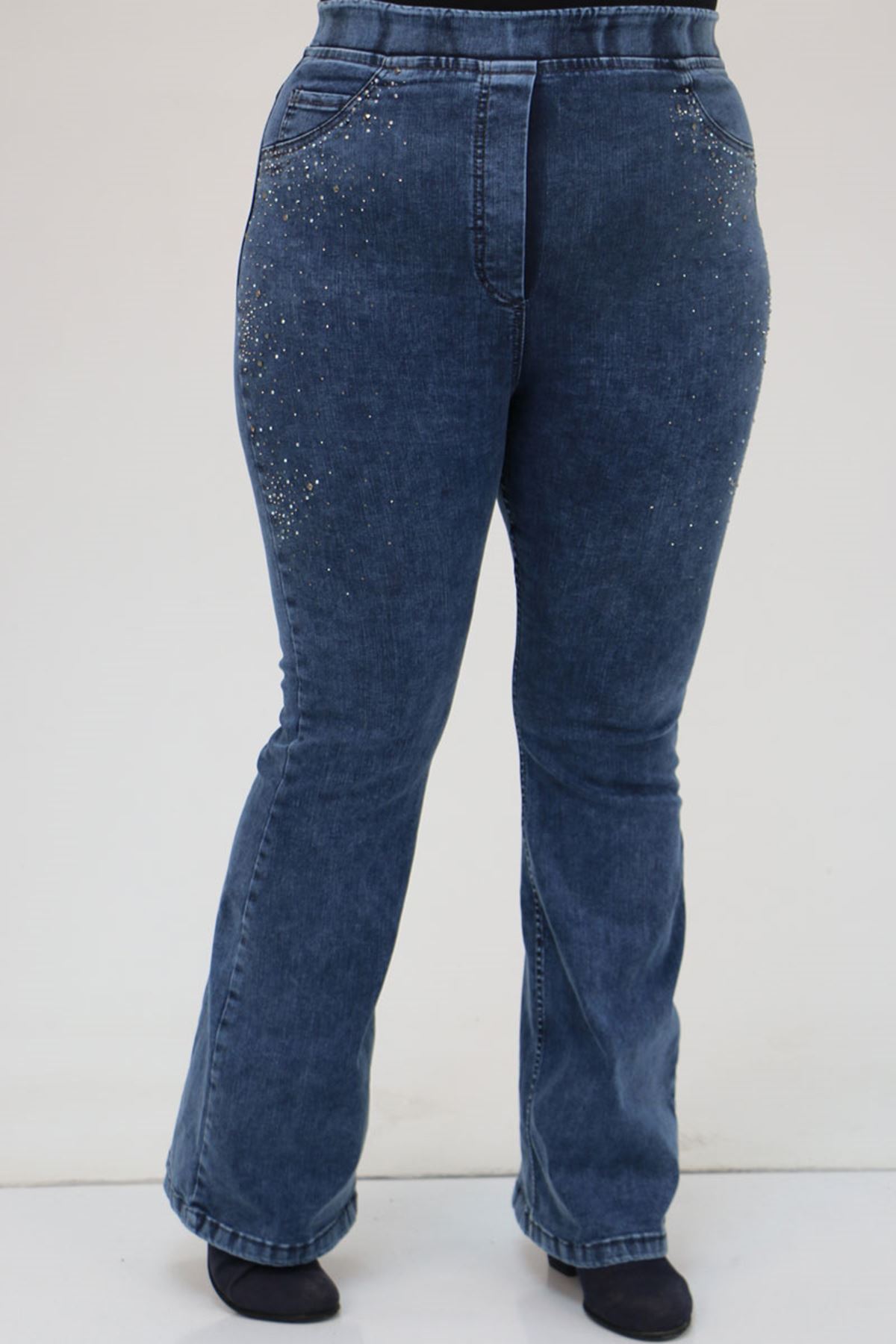 9202 Büyük Beden Beli Lastikli Taş Detaylı Kot Pantolon - Lacivert