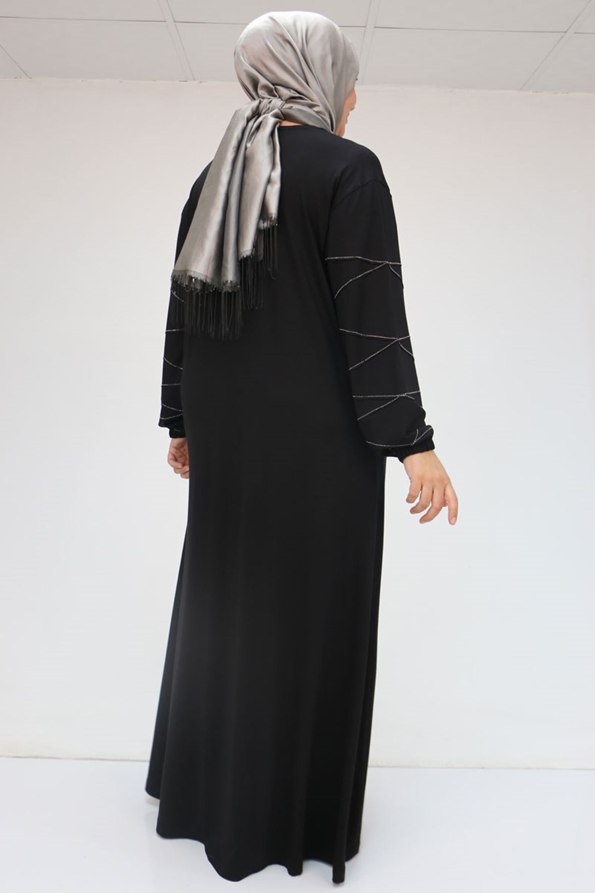 52021 Büyük Beden Çimalı Taş Detaylı Penye Elbise - Siyah