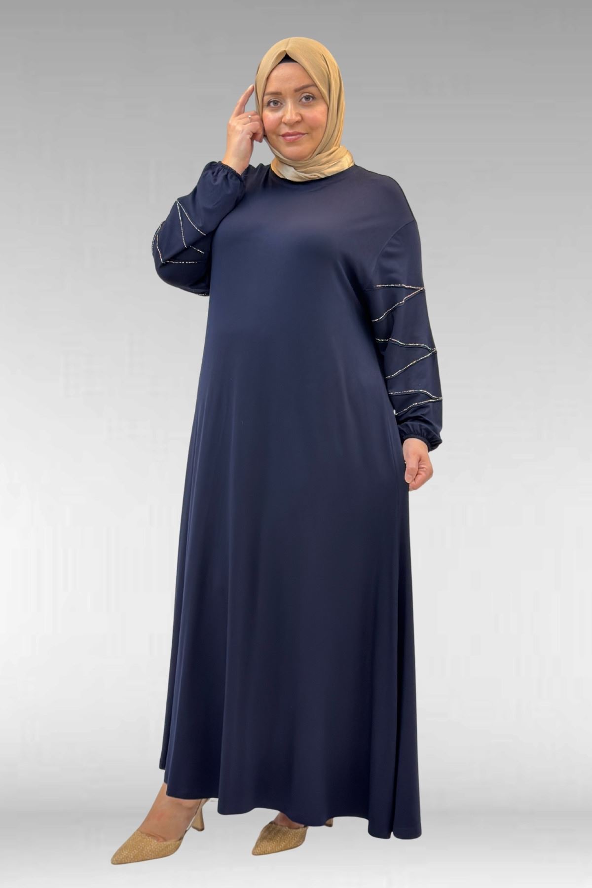 52021 Büyük Beden Çimalı Taş Detaylı Penye Elbise - Lacivert
