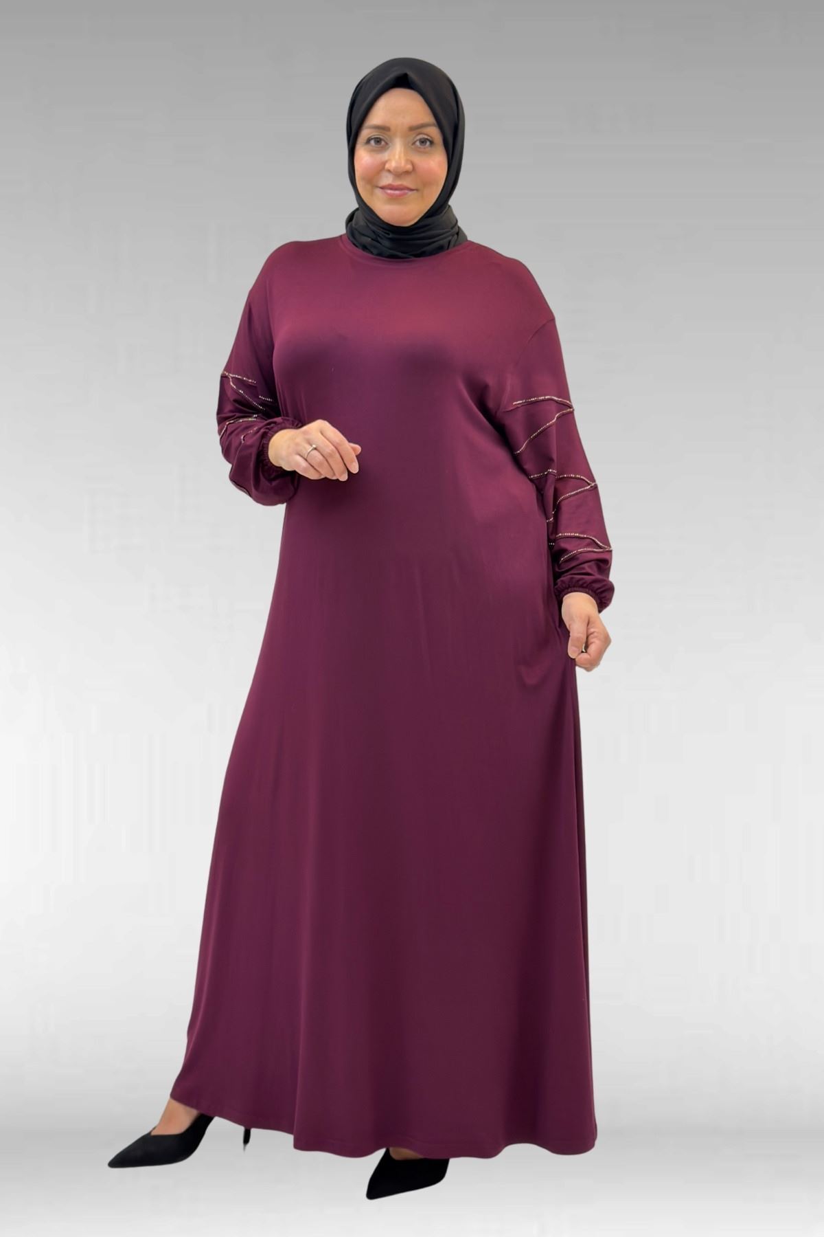 52021 Büyük Beden Çimalı Taş Detaylı Penye Elbise - Bordo