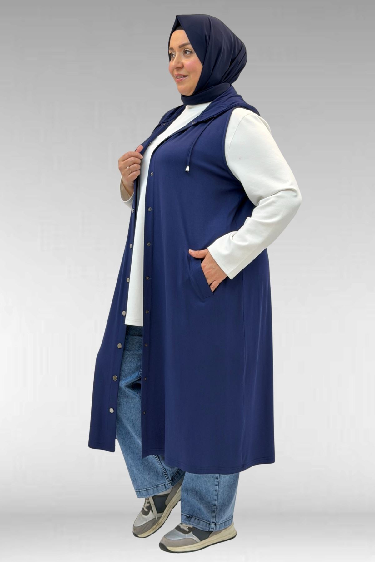 34001 Büyük Beden Çıtçıtlı Kapüşonlu Penye Yelek - İndigo