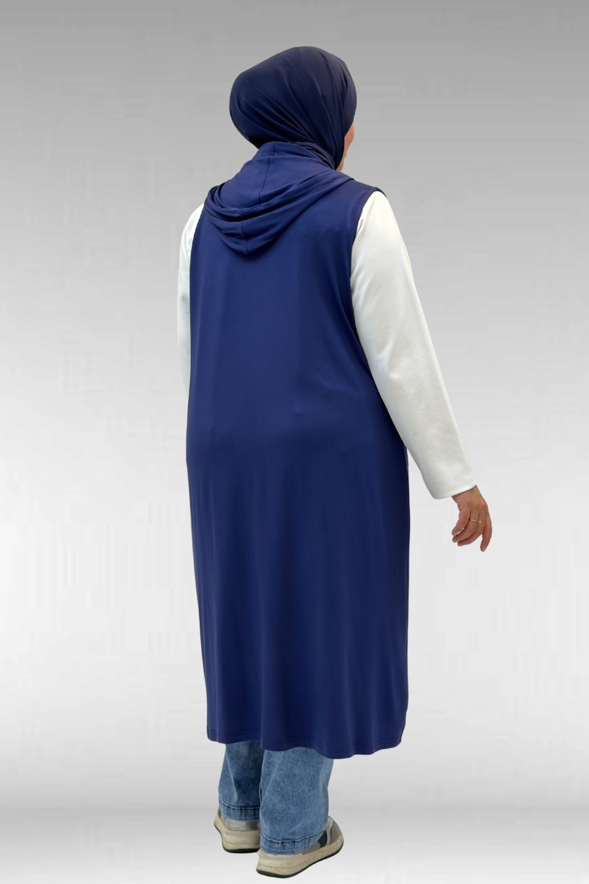 34001 Büyük Beden Çıtçıtlı Kapüşonlu Penye Yelek - İndigo