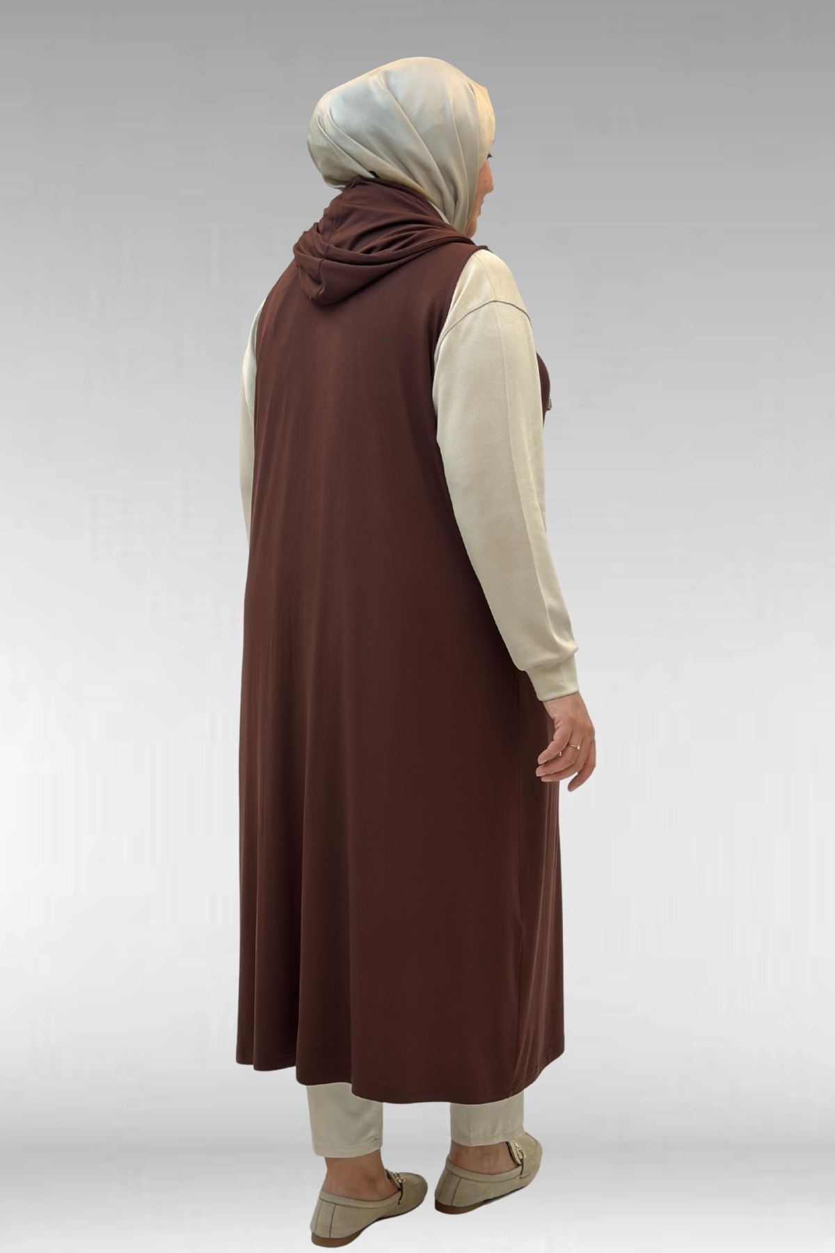 34001 Büyük Beden Çıtçıtlı Kapüşonlu Penye Yelek - Kahverengi