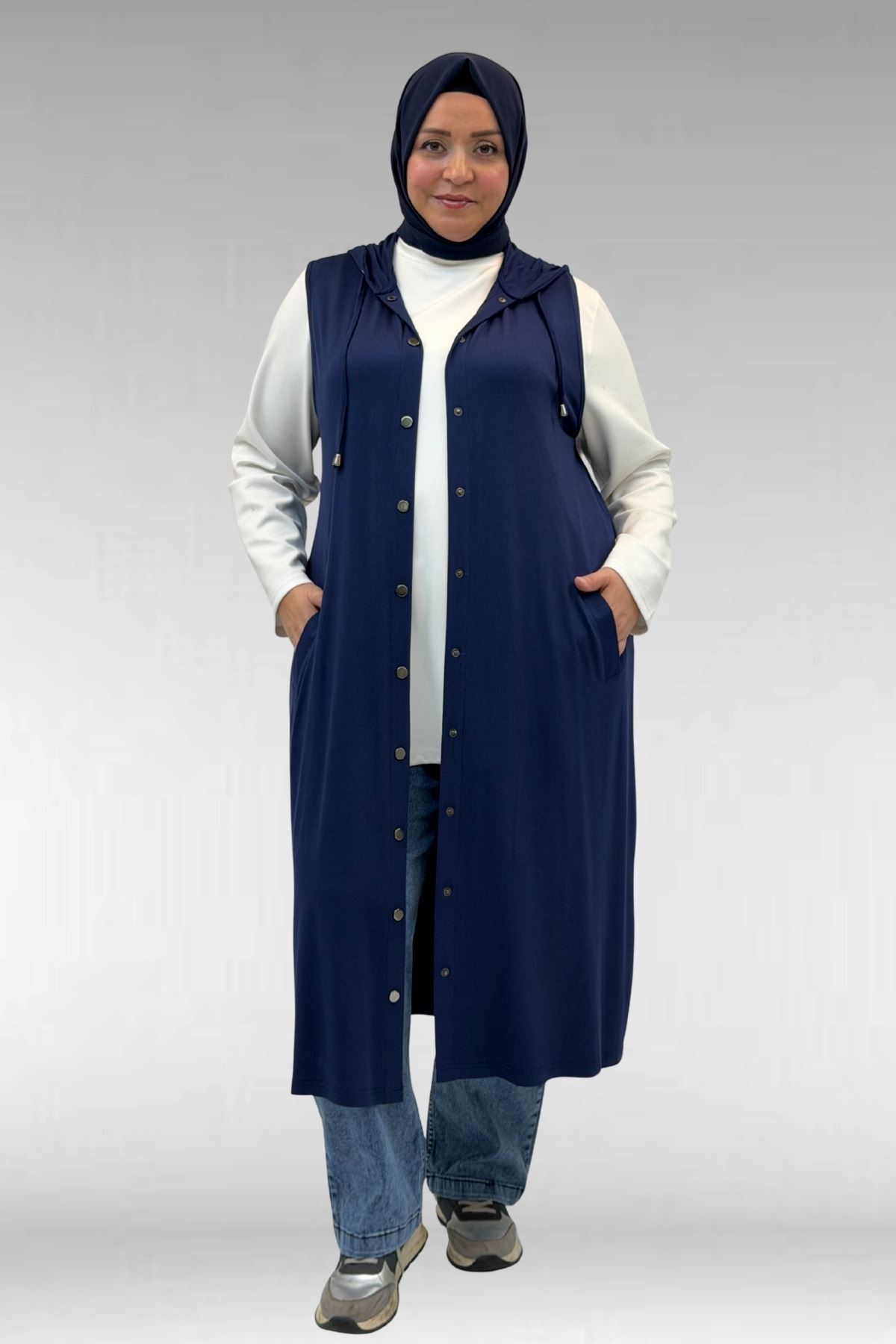 34001 Büyük Beden Çıtçıtlı Kapüşonlu Penye Yelek - İndigo