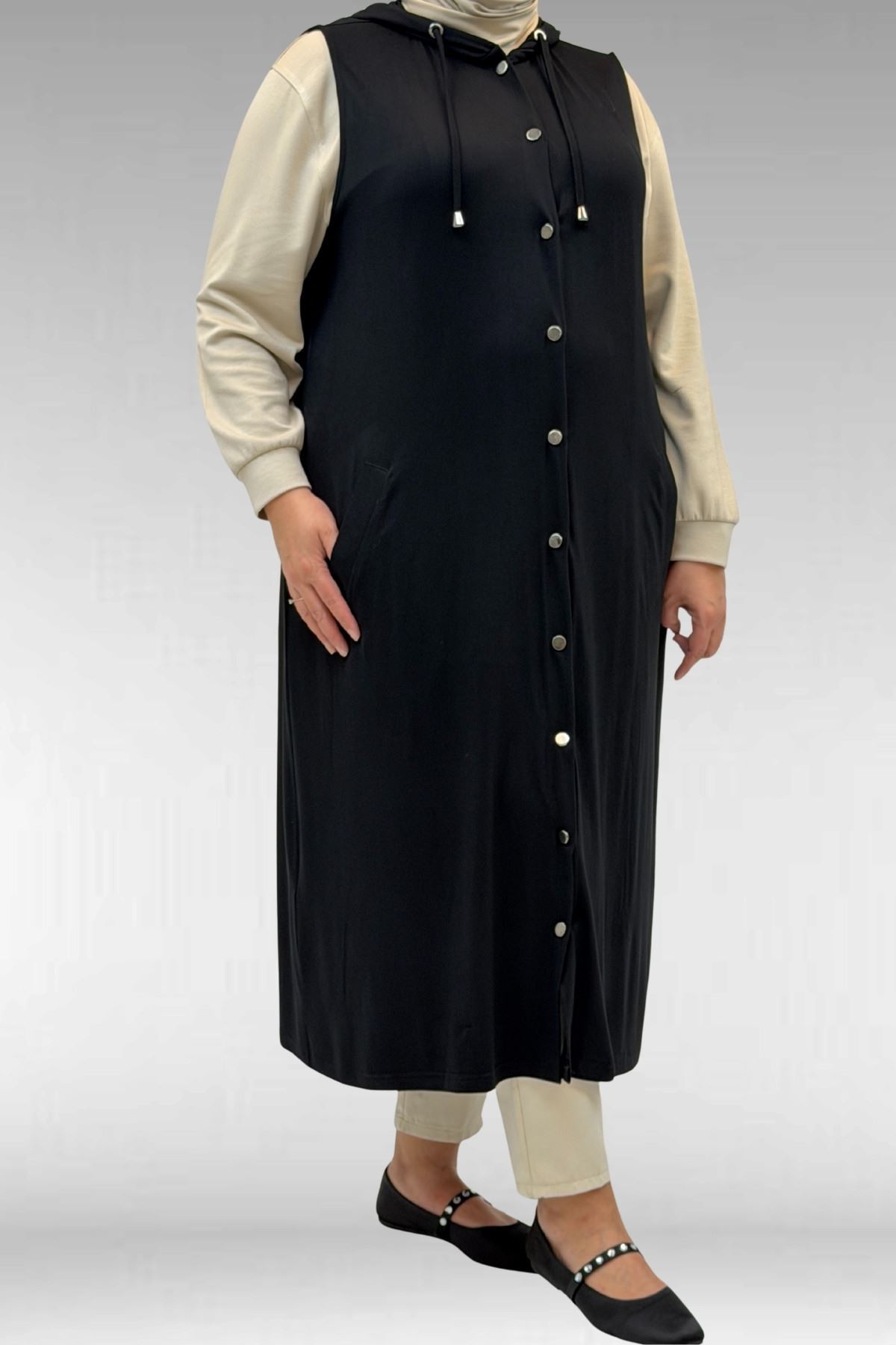 34001 Büyük Beden Çıtçıtlı Kapüşonlu Penye Yelek - Siyah