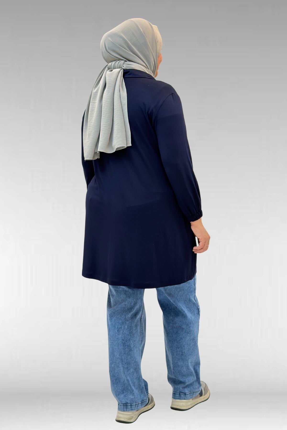 63002 Büyük Beden Fermuarlı - Kapüşonlu Penye Ceket - Lacivert