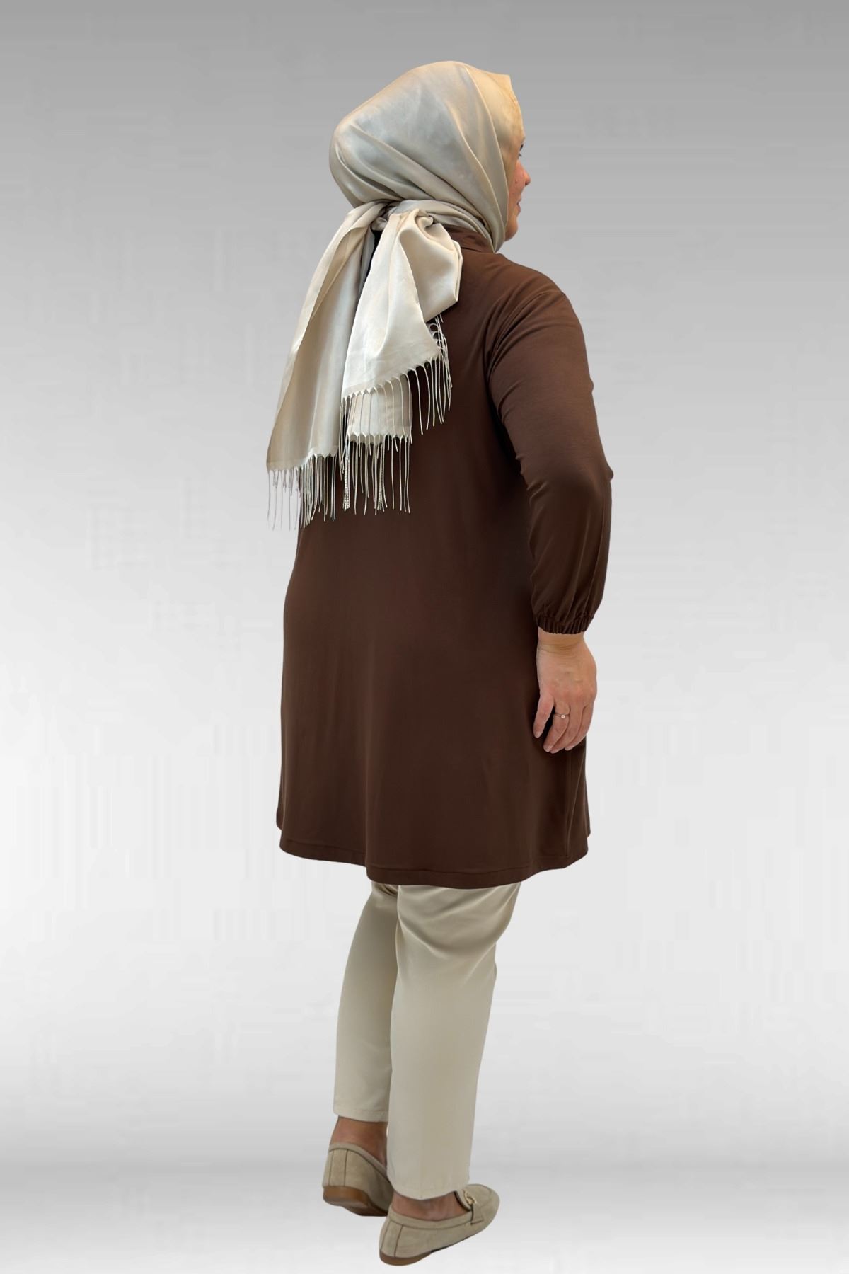 63002 Büyük Beden Fermuarlı - Kapüşonlu Penye Ceket - Kahve