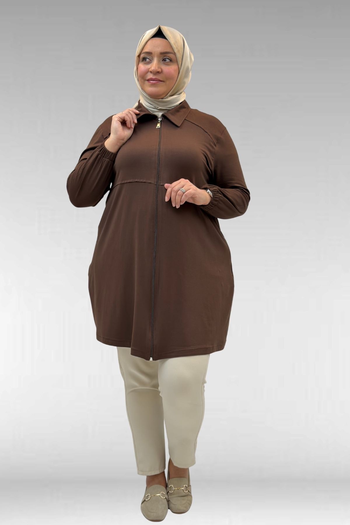 63002 Büyük Beden Fermuarlı - Kapüşonlu Penye Ceket - Kahve