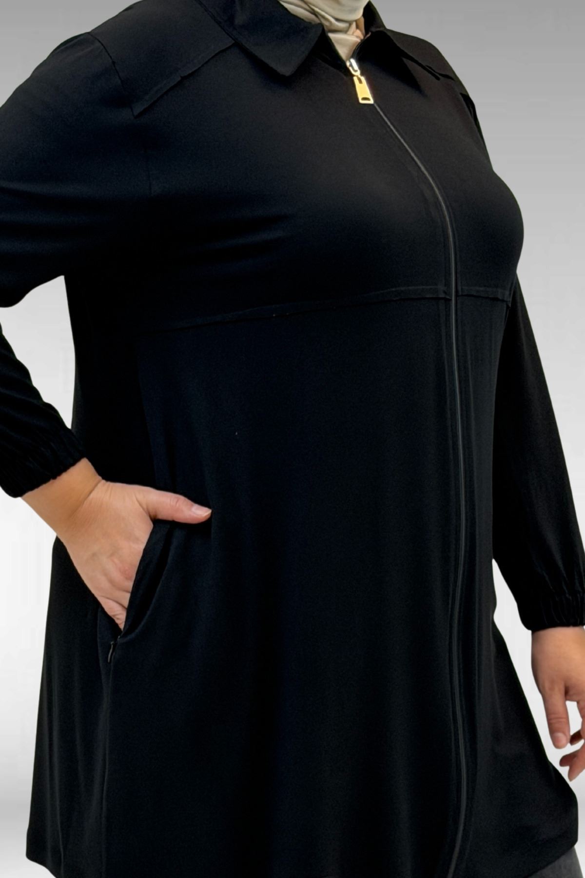 63002 Büyük Beden Fermuarlı - Kapüşonlu Penye Ceket - Siyah