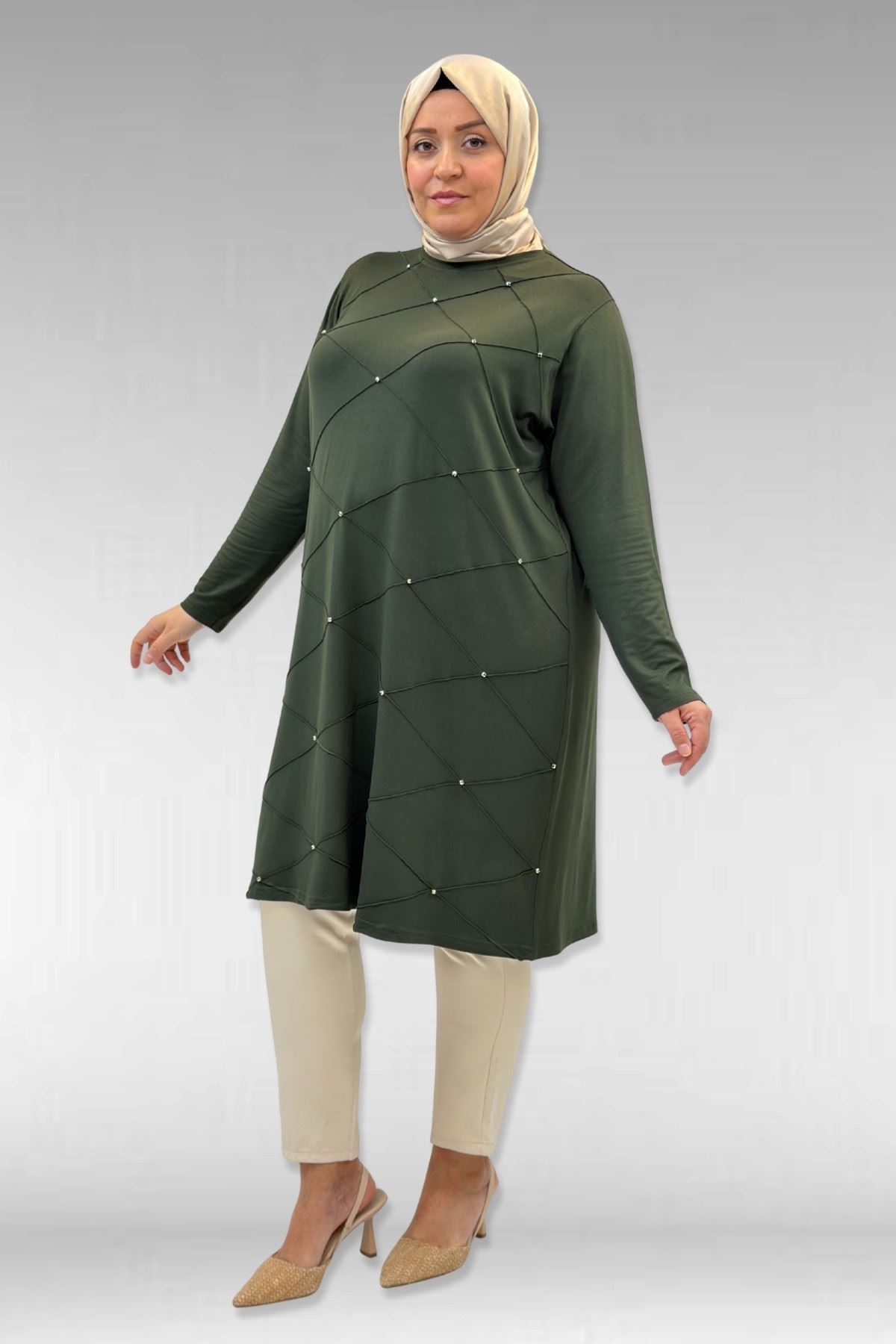 68004 Büyük Beden Çıma Detaylı Penye Tunik - Haki