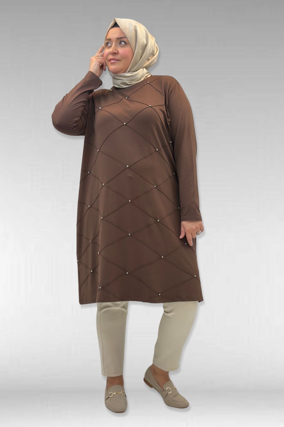 68004 Büyük Beden Çıma Detaylı Penye Tunik - Kahve