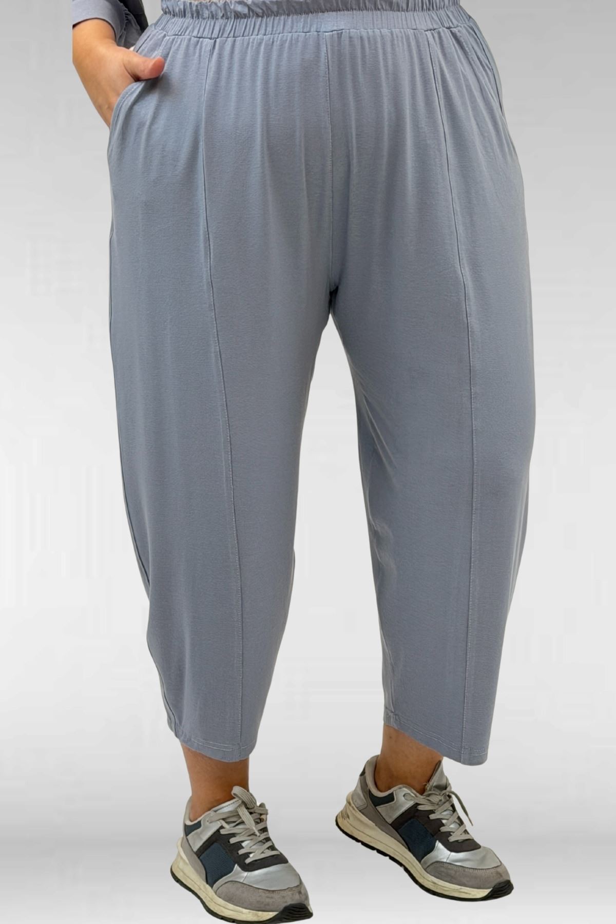 67037 Büyük Beden Düşük Kol Penye Pantolonlu Takım - Gri