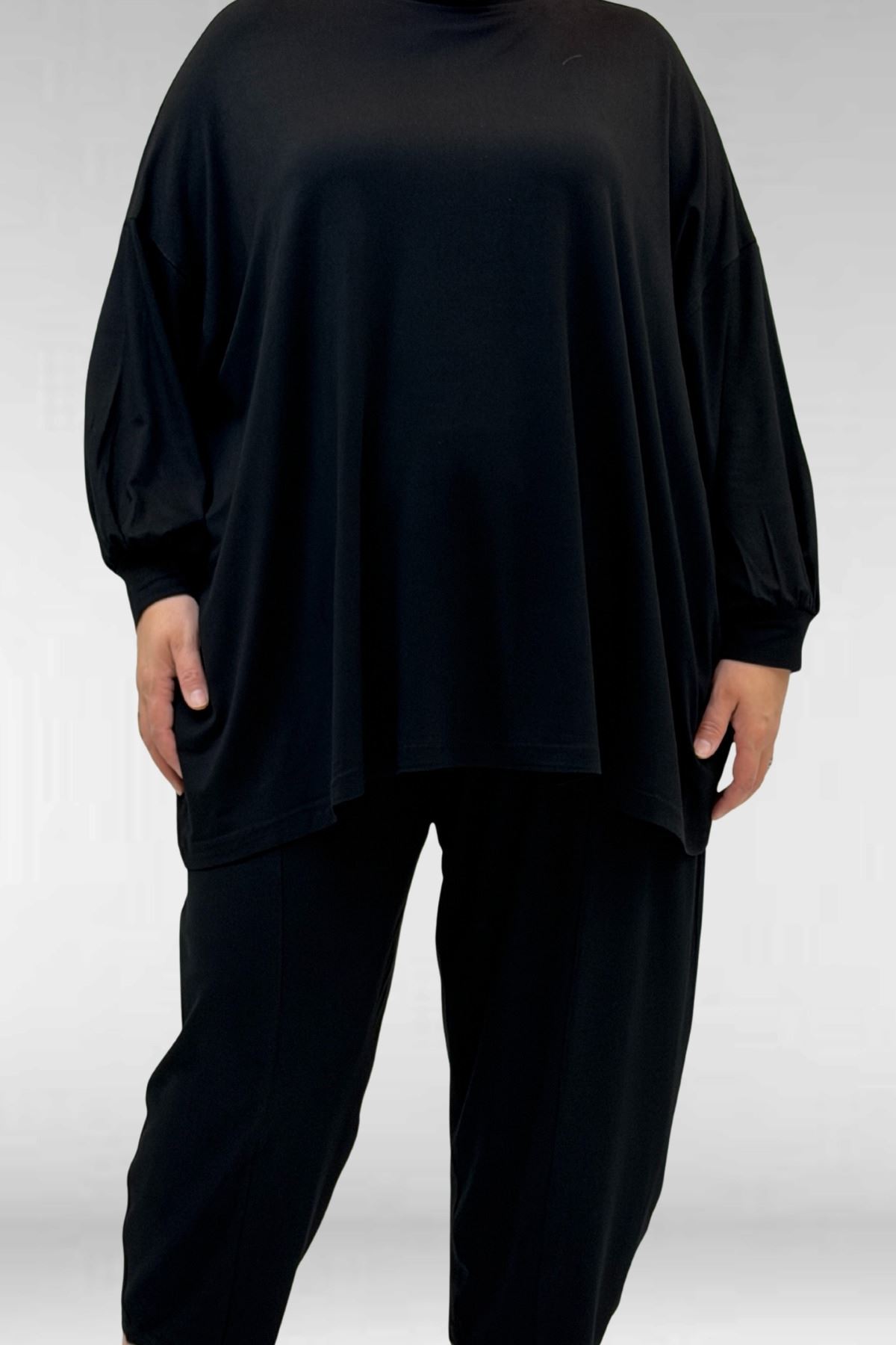 67037 Büyük Beden Düşük Kol Penye Pantolonlu Takım - Siyah